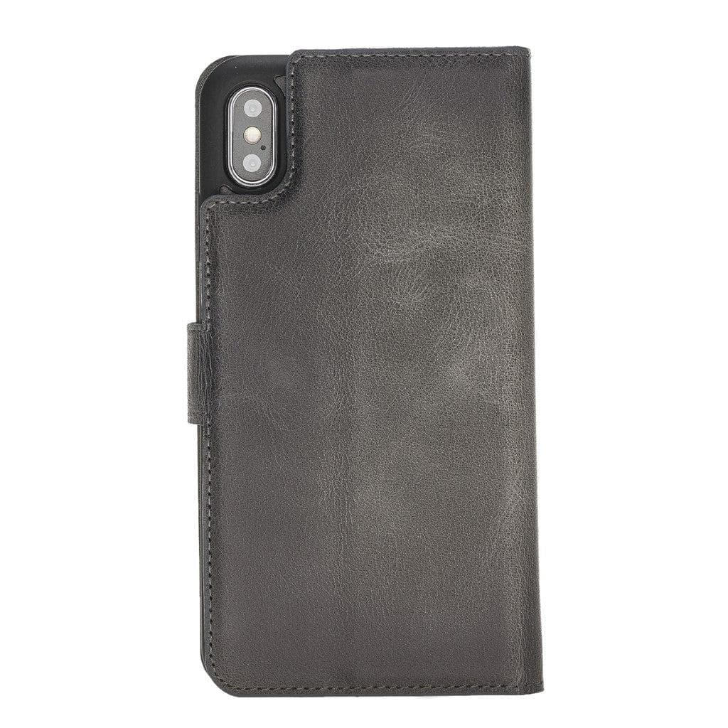 Apple iPhone X Series Detachable Leather Wallet Case in black, showcasing its sleek design, card slots, and kickstand feature.