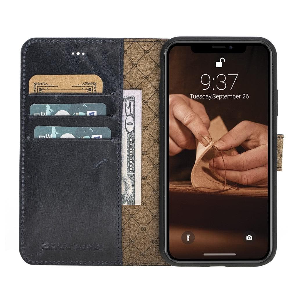 Apple iPhone X Series Detachable Leather Wallet Case in black, showcasing its sleek design, card slots, and kickstand feature.