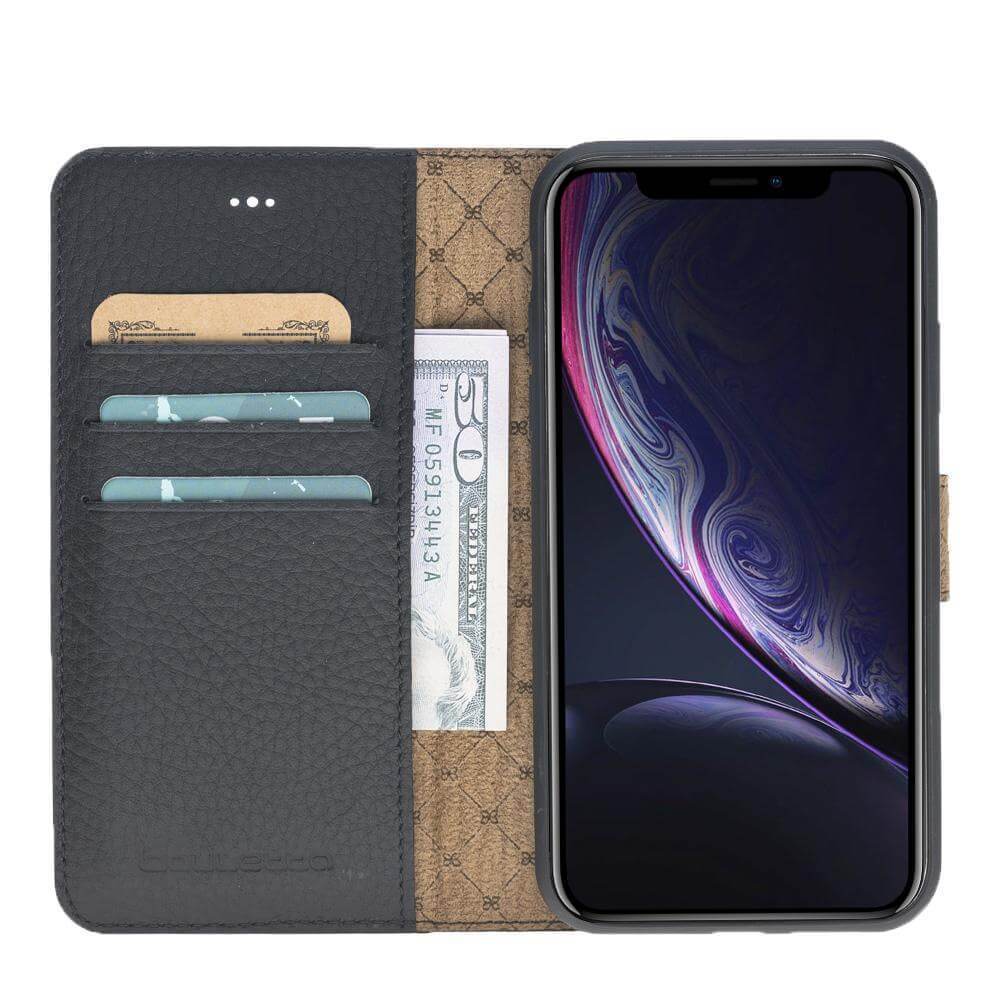 Apple iPhone X Series Detachable Leather Wallet Case in black, showcasing its sleek design, card slots, and kickstand feature.