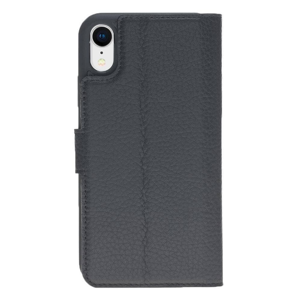 Apple iPhone X Series Detachable Leather Wallet Case in black, showcasing its sleek design, card slots, and kickstand feature.