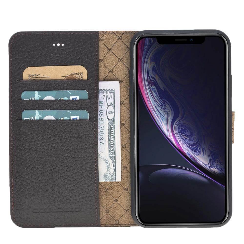 Apple iPhone X Series Detachable Leather Wallet Case in black, showcasing its sleek design, card slots, and kickstand feature.