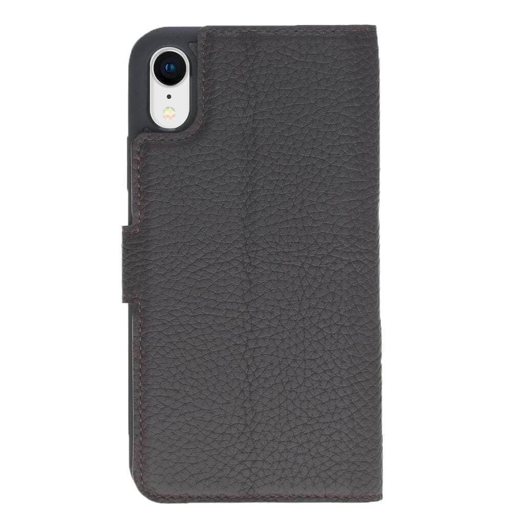 Apple iPhone X Series Detachable Leather Wallet Case in black, showcasing its sleek design, card slots, and kickstand feature.