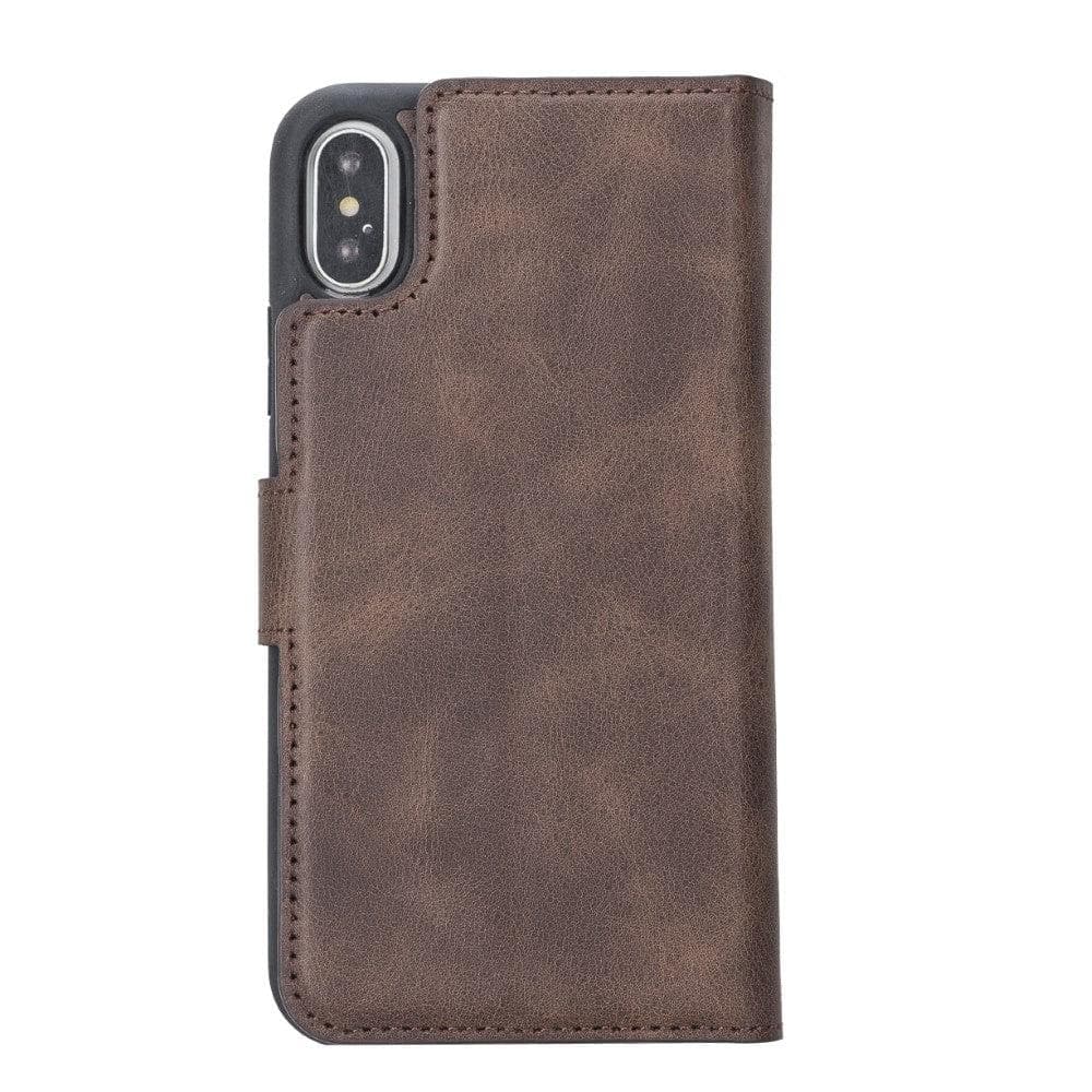 Apple iPhone X Series Detachable Leather Wallet Case in black, showcasing its sleek design, card slots, and kickstand feature.