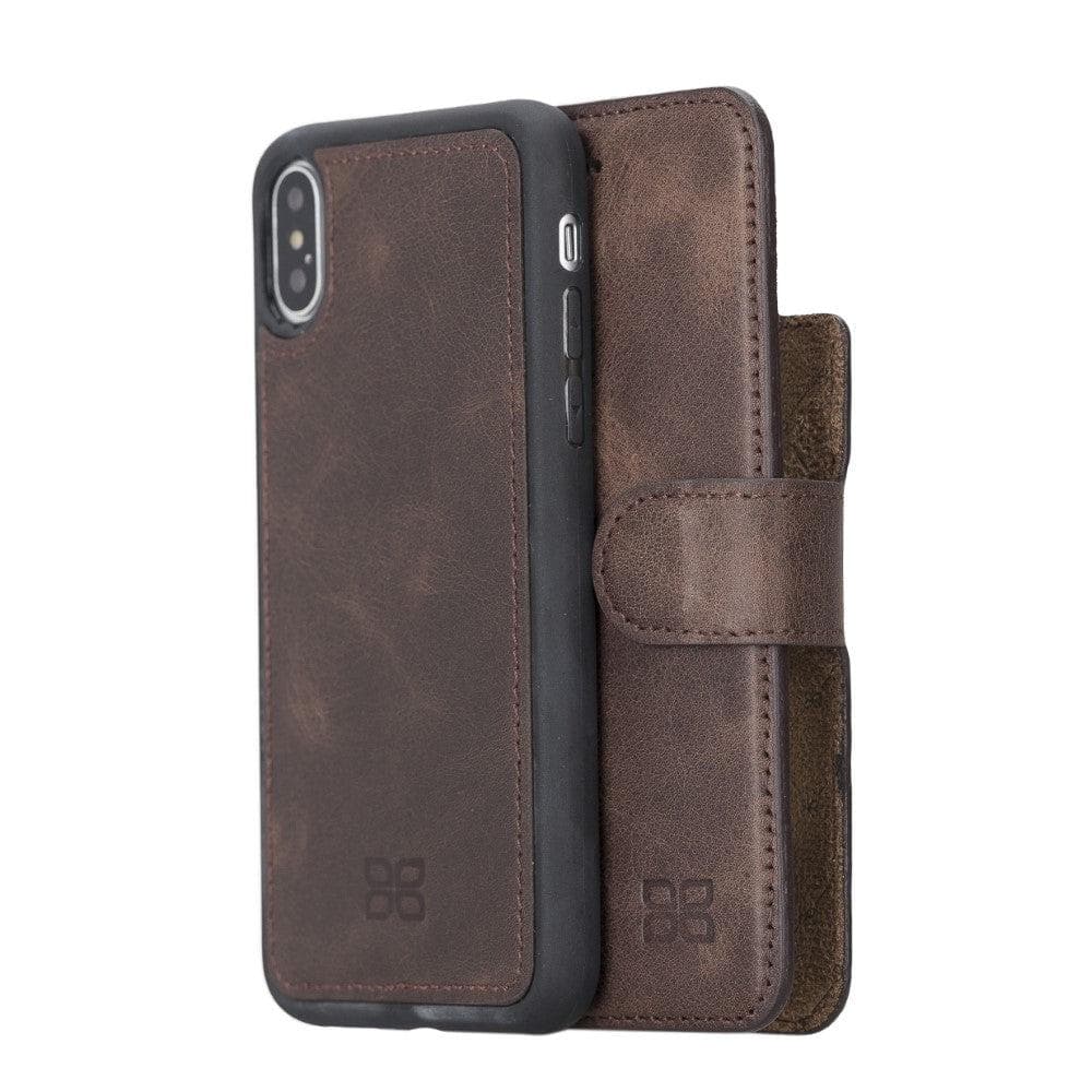 Apple iPhone X Series Detachable Leather Wallet Case in black, showcasing its sleek design, card slots, and kickstand feature.