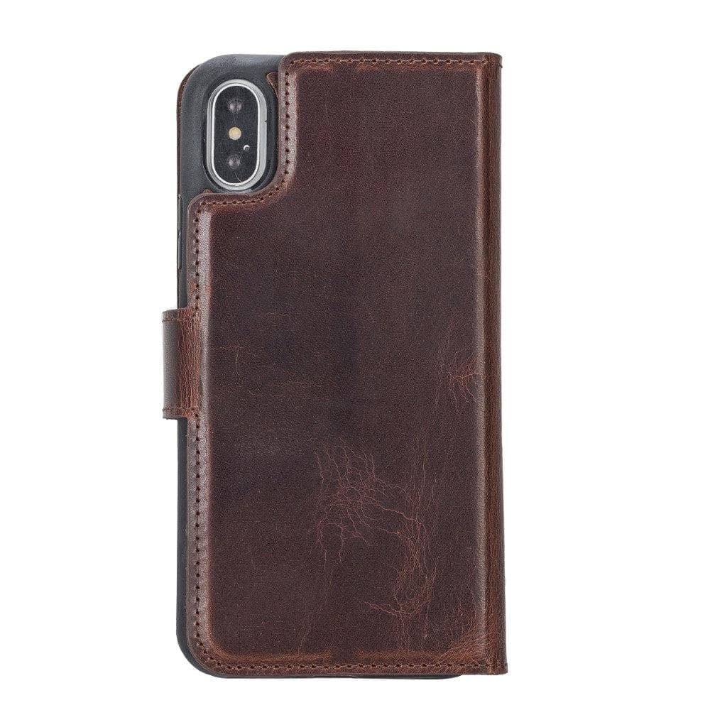 Apple iPhone X Series Detachable Leather Wallet Case in black, showcasing its sleek design, card slots, and kickstand feature.