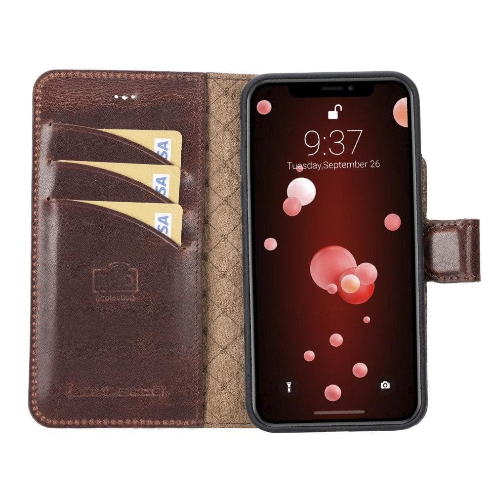 Apple iPhone X Series Detachable Leather Wallet Case in black, showcasing its sleek design, card slots, and kickstand feature.