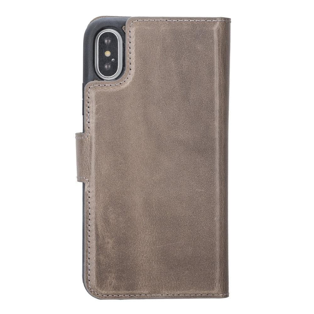 Apple iPhone X Series Detachable Leather Wallet Case in black, showcasing its sleek design, card slots, and kickstand feature.