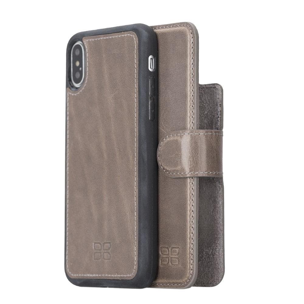 Apple iPhone X Series Detachable Leather Wallet Case in black, showcasing its sleek design, card slots, and kickstand feature.