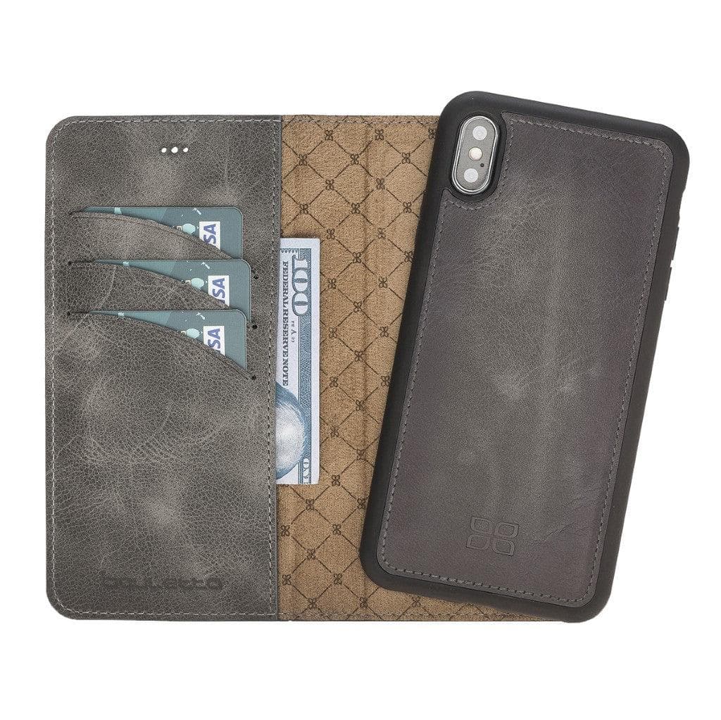 Apple iPhone X Series Detachable Leather Wallet Case in black, showcasing its sleek design, card slots, and kickstand feature.