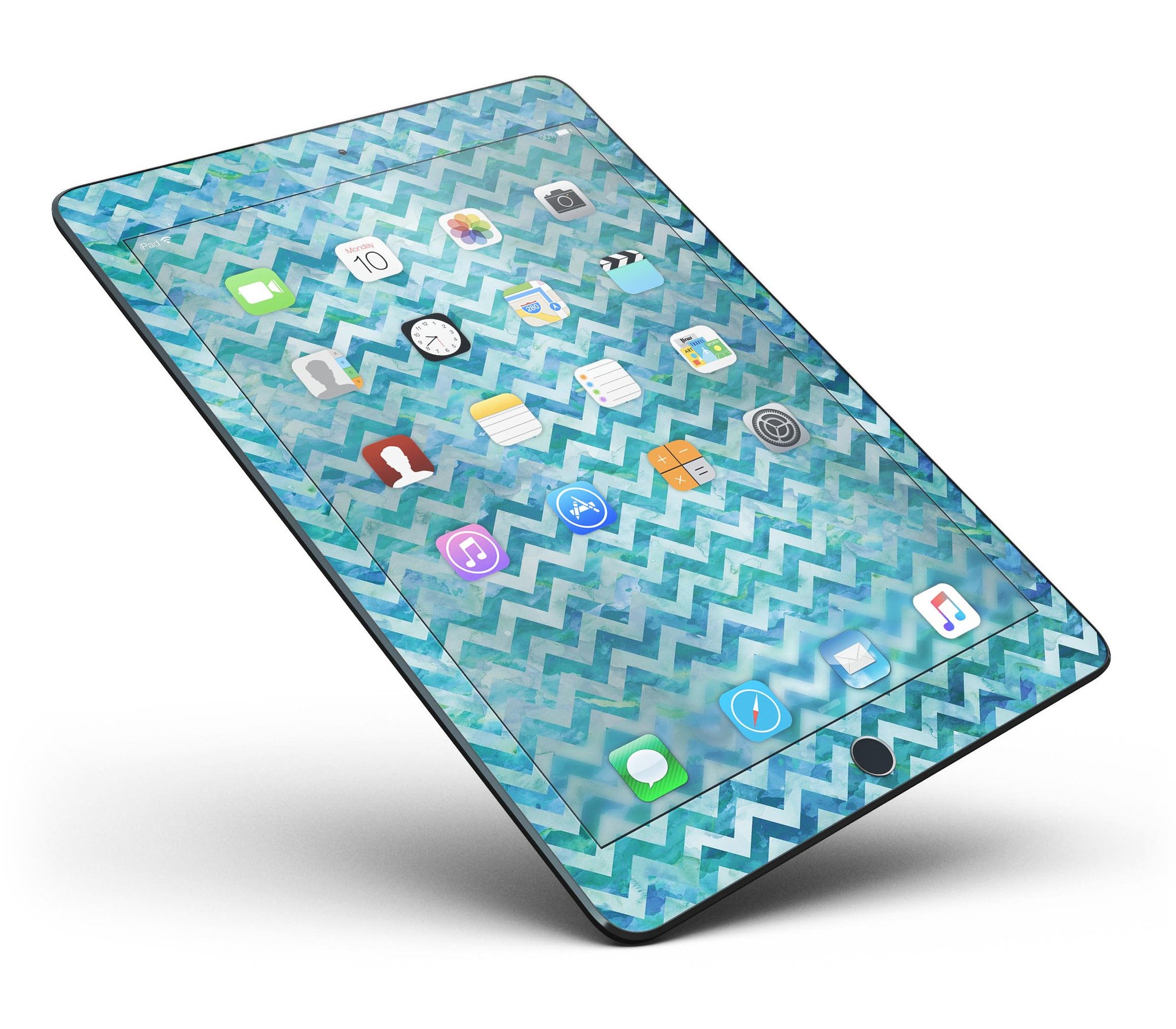 Aqua Basic Watercolor Chevron Pattern Full Body Skin for iPad Pro, showcasing vibrant colors and stylish design.