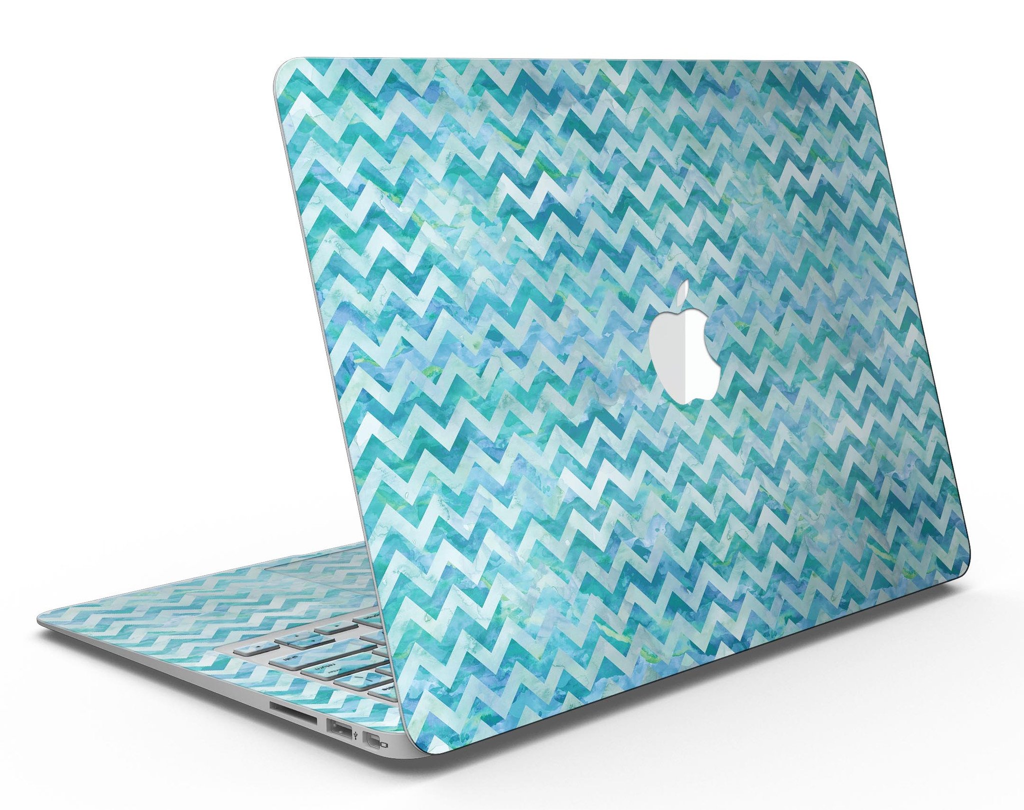 Aqua Basic Watercolor Chevron Pattern MacBook Air Skin Kit showcasing vibrant colors and stylish design.