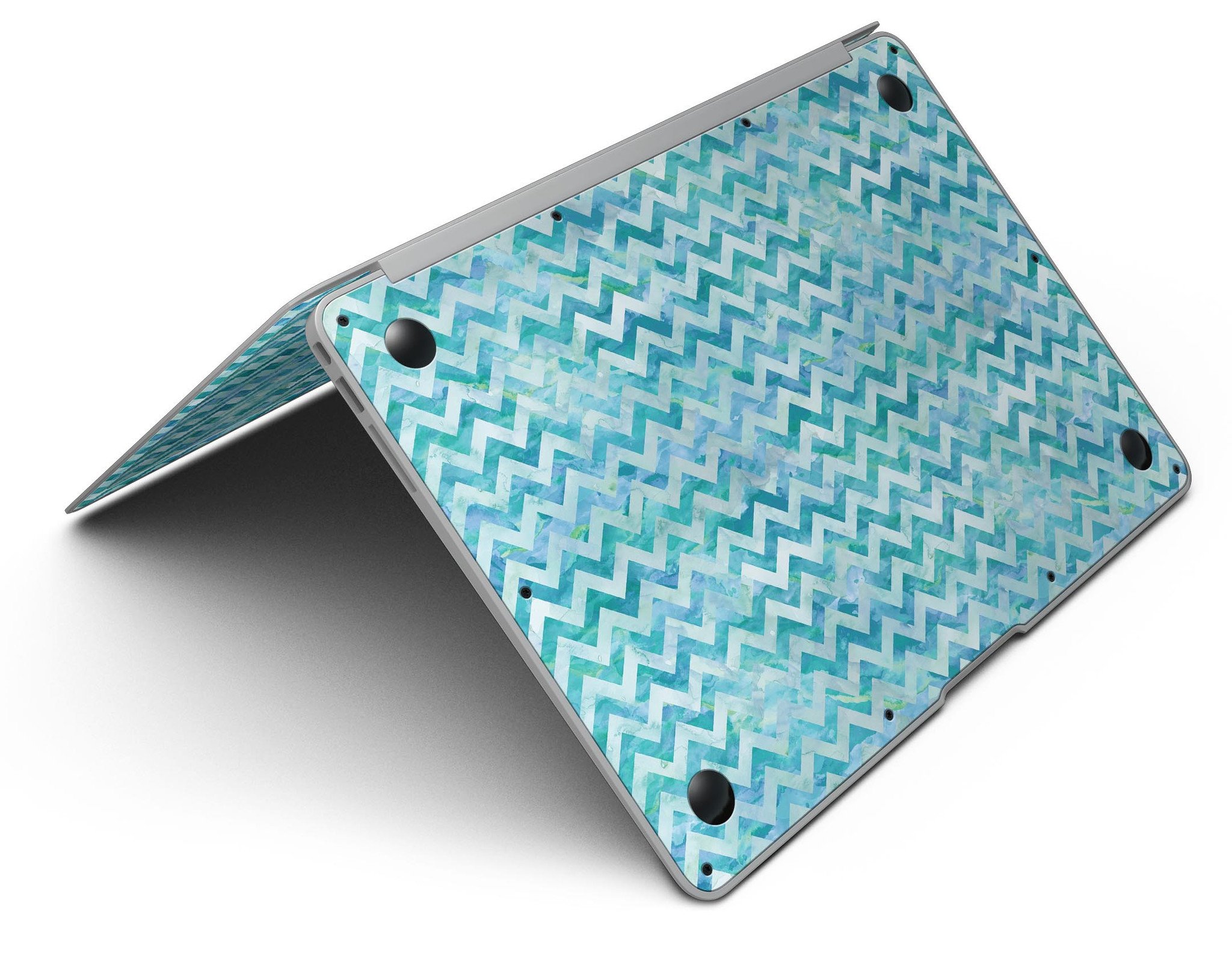 Aqua Basic Watercolor Chevron Pattern MacBook Air Skin Kit showcasing vibrant colors and stylish design.