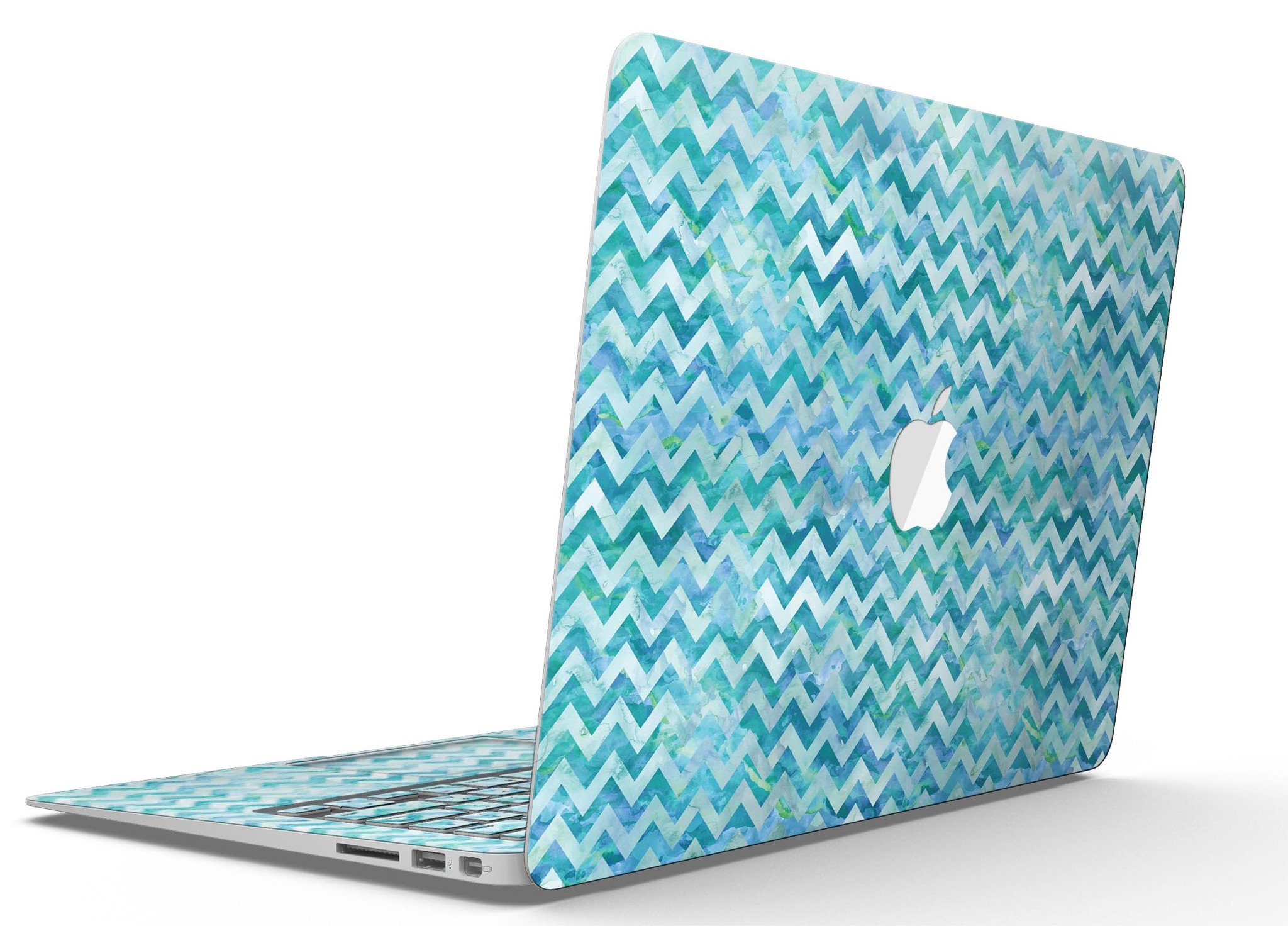 Aqua Basic Watercolor Chevron Pattern MacBook Air Skin Kit showcasing vibrant colors and stylish design.