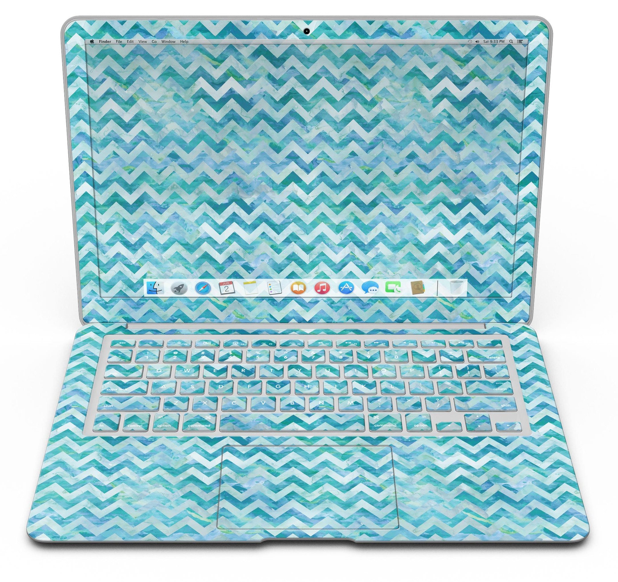 Aqua Basic Watercolor Chevron Pattern MacBook Air Skin Kit showcasing vibrant colors and stylish design.