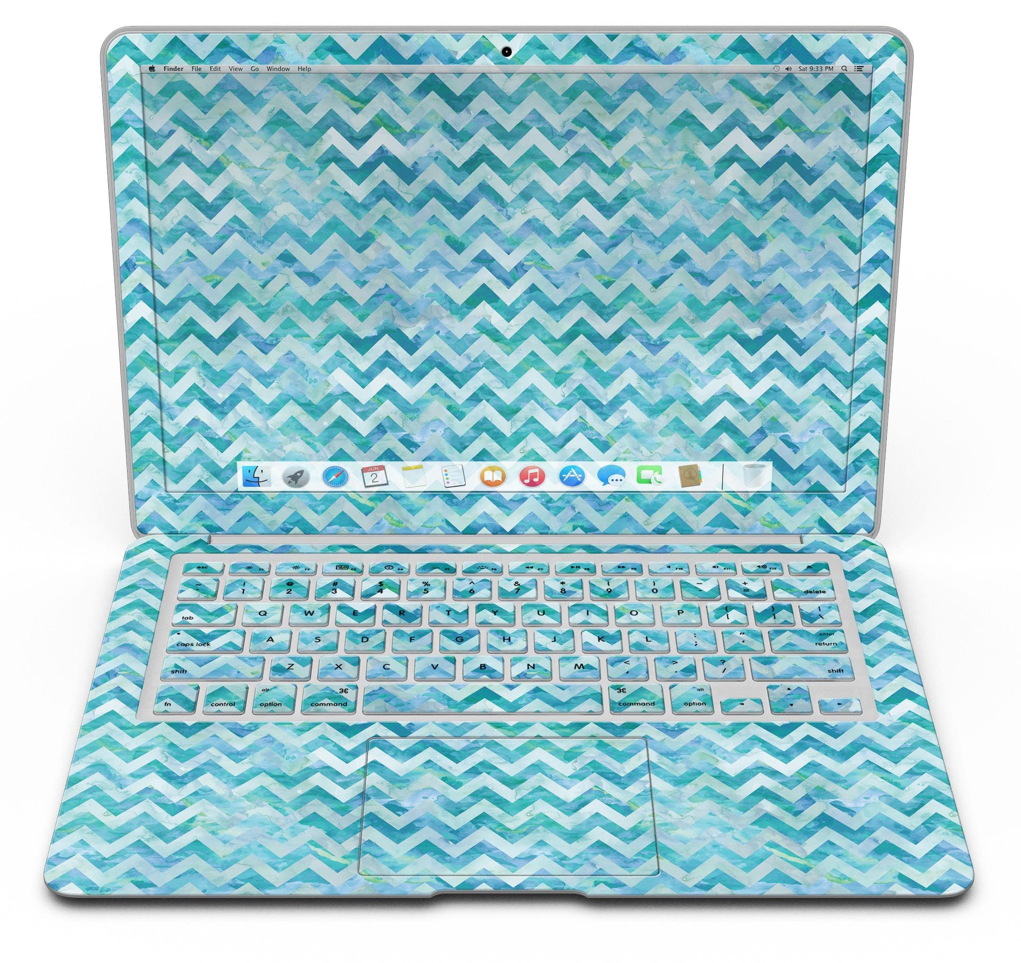 Aqua Basic Watercolor Chevron Pattern MacBook Air Skin Kit showcasing vibrant colors and stylish design.