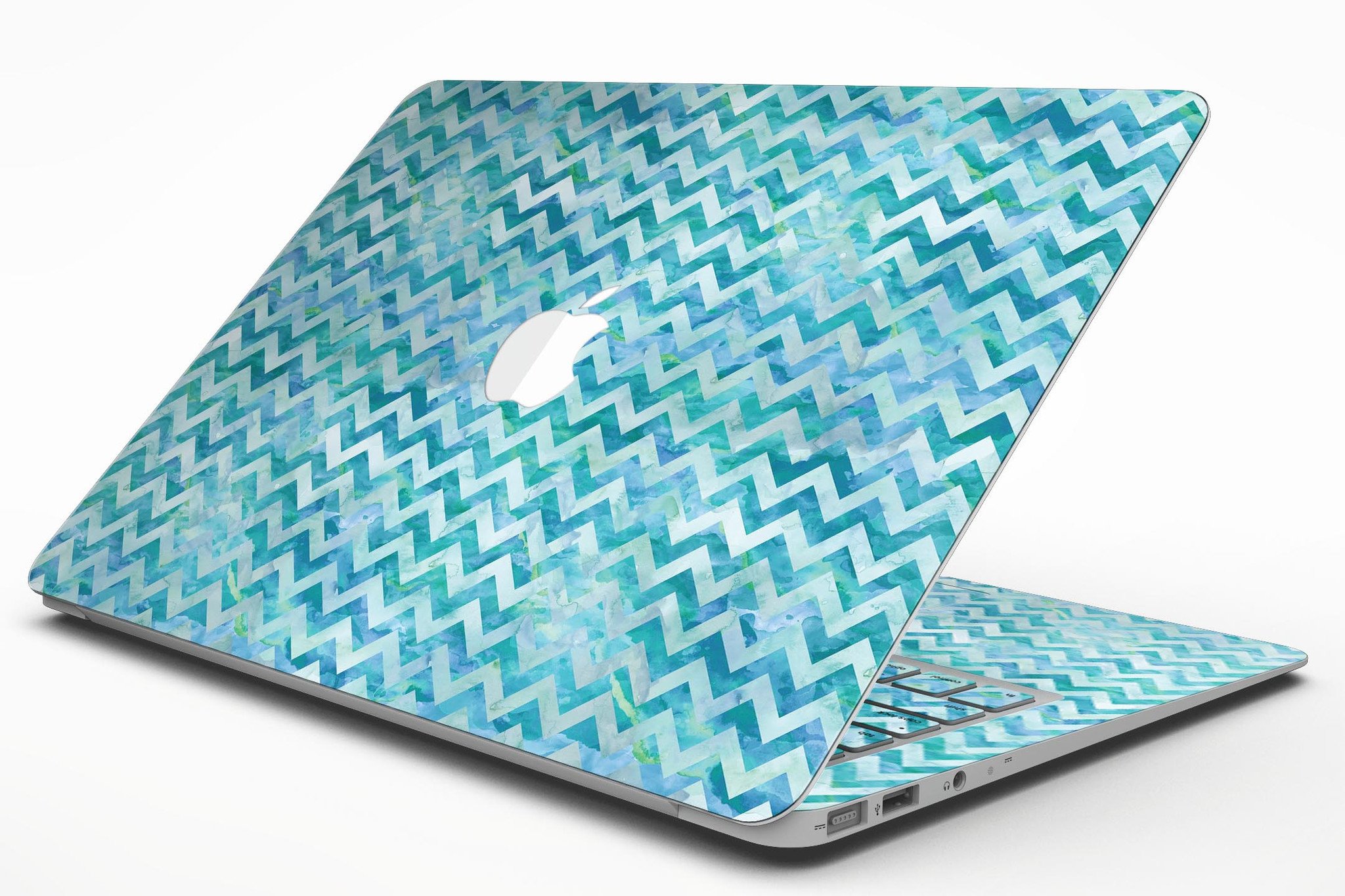 Aqua Basic Watercolor Chevron Pattern MacBook Air Skin Kit showcasing vibrant colors and stylish design.