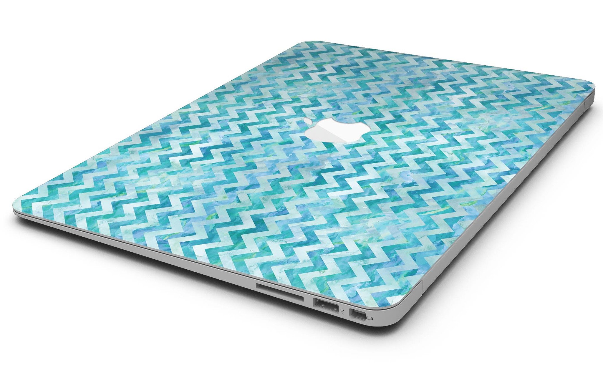 Aqua Basic Watercolor Chevron Pattern MacBook Air Skin Kit showcasing vibrant colors and stylish design.