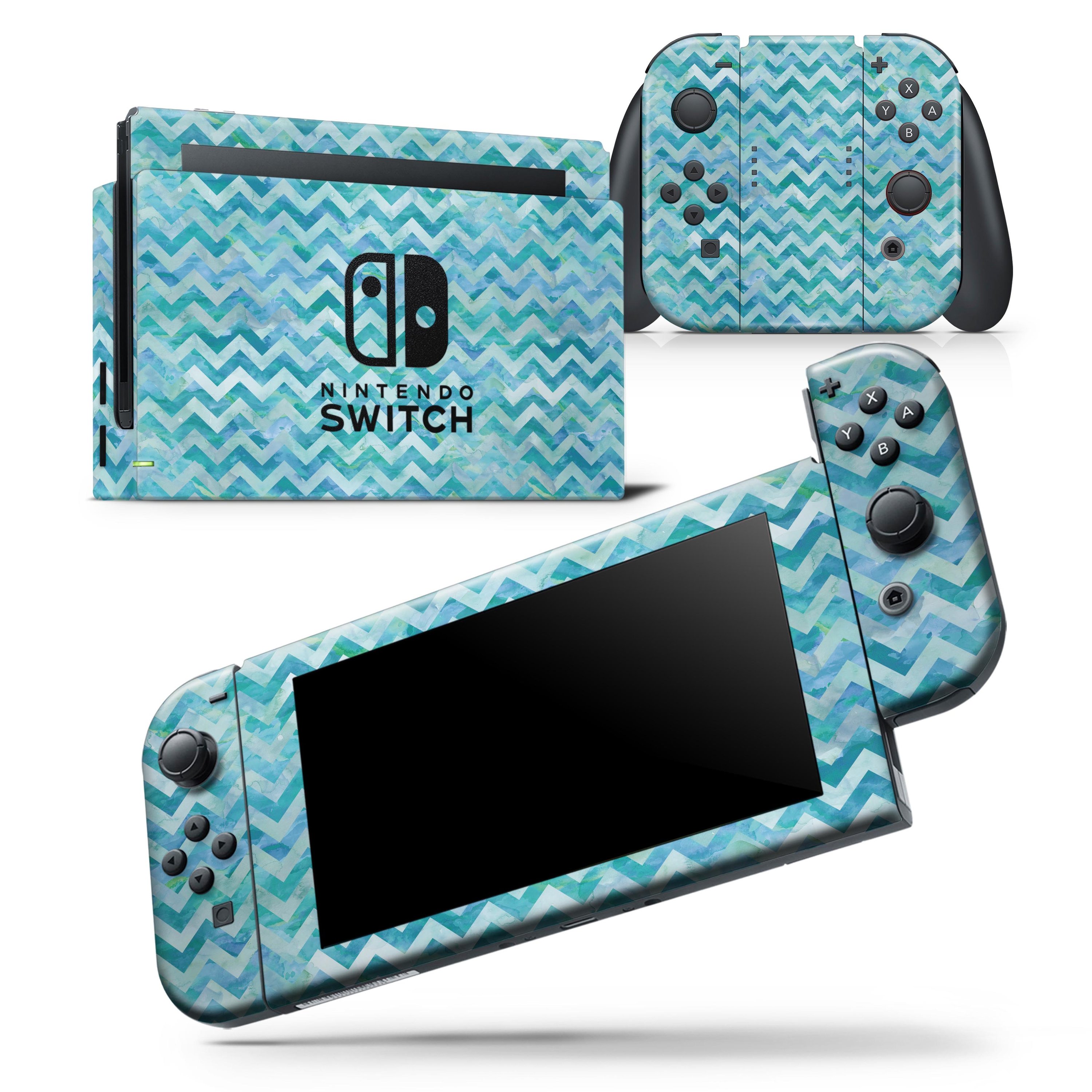 Aqua Basic Watercolor Chevron Pattern skin wrap decal for Nintendo Switch, showcasing vibrant colors and a stylish design.