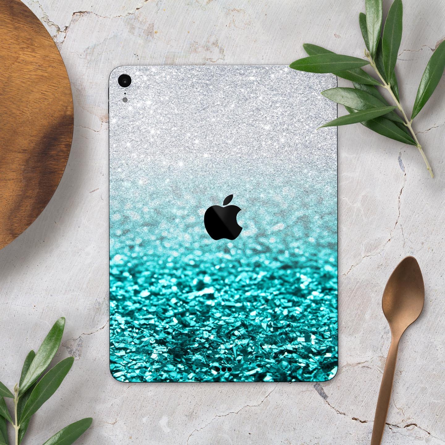 Aqua Blue and Silver Glimmer Fade full body skin decal for Apple devices, showcasing vibrant colors and a sleek design.