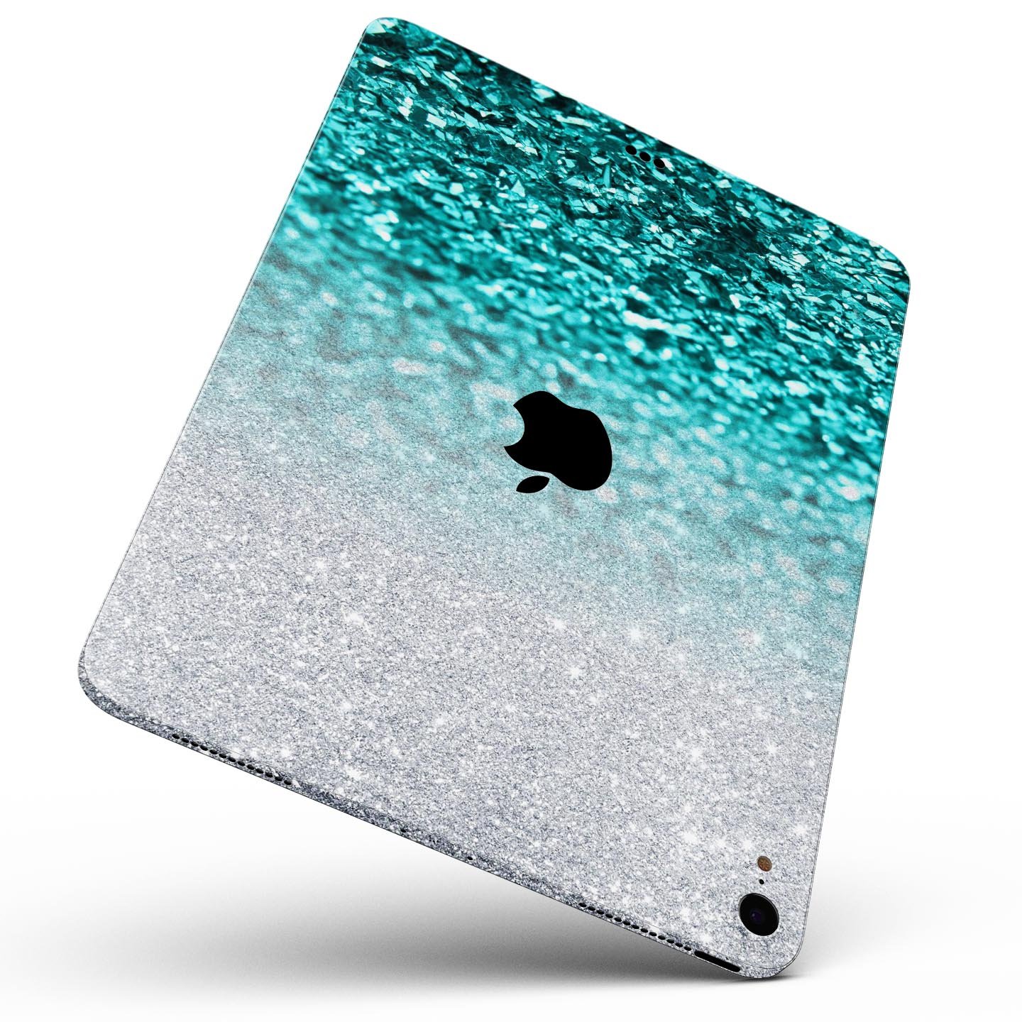 Aqua Blue and Silver Glimmer Fade full body skin decal for Apple devices, showcasing vibrant colors and a sleek design.