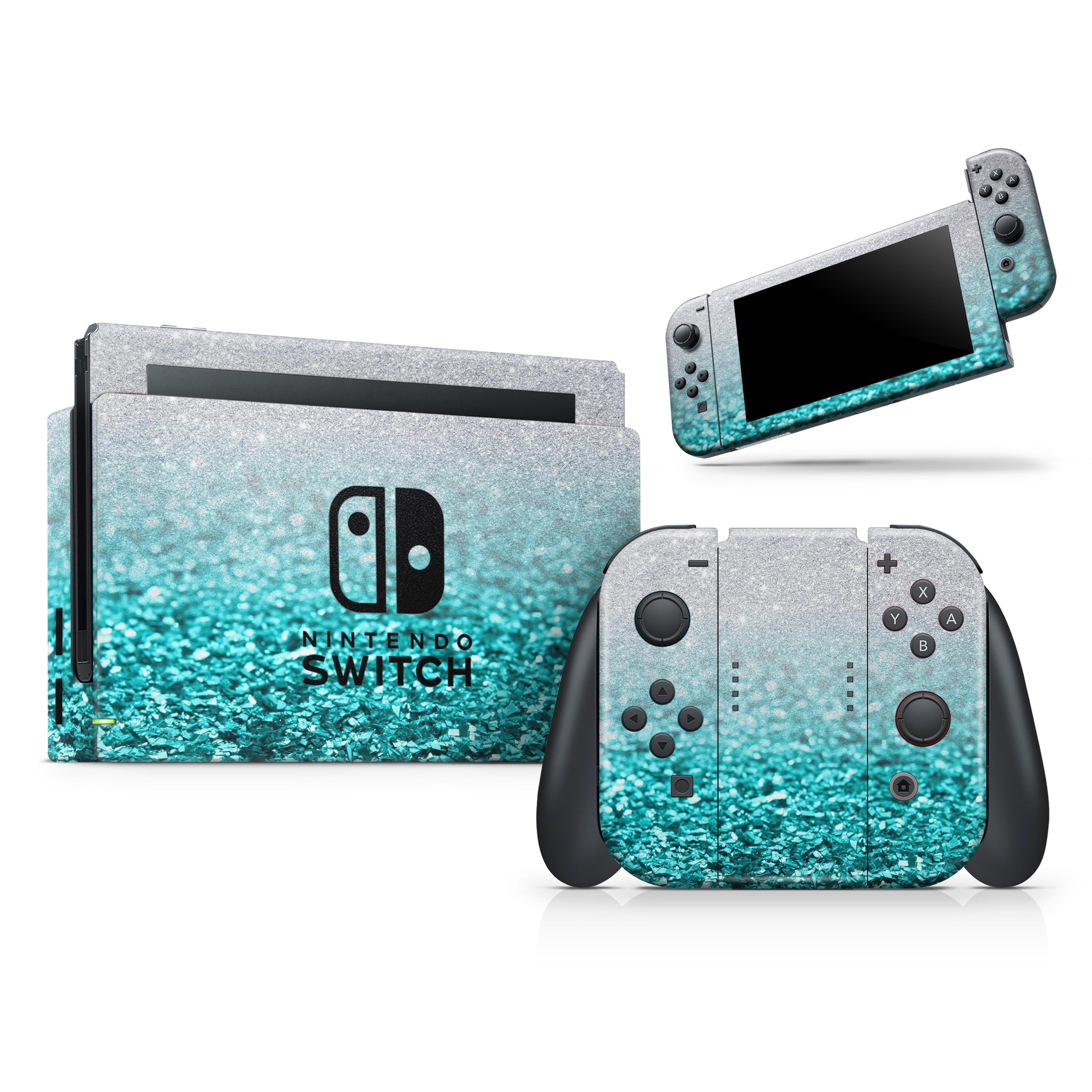 Aqua Blue & Silver Glimmer Fade skin wrap kit for Nintendo Switch, showcasing a stylish design that fits the console and controllers perfectly.