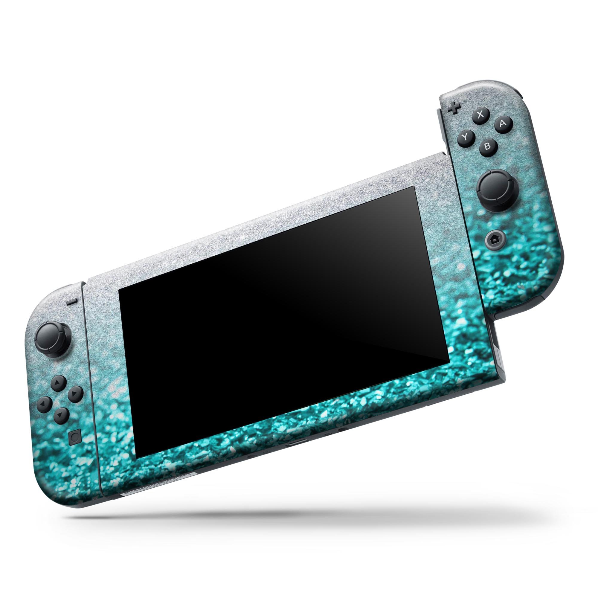 Aqua Blue & Silver Glimmer Fade skin wrap kit for Nintendo Switch, showcasing a stylish design that fits the console and controllers perfectly.