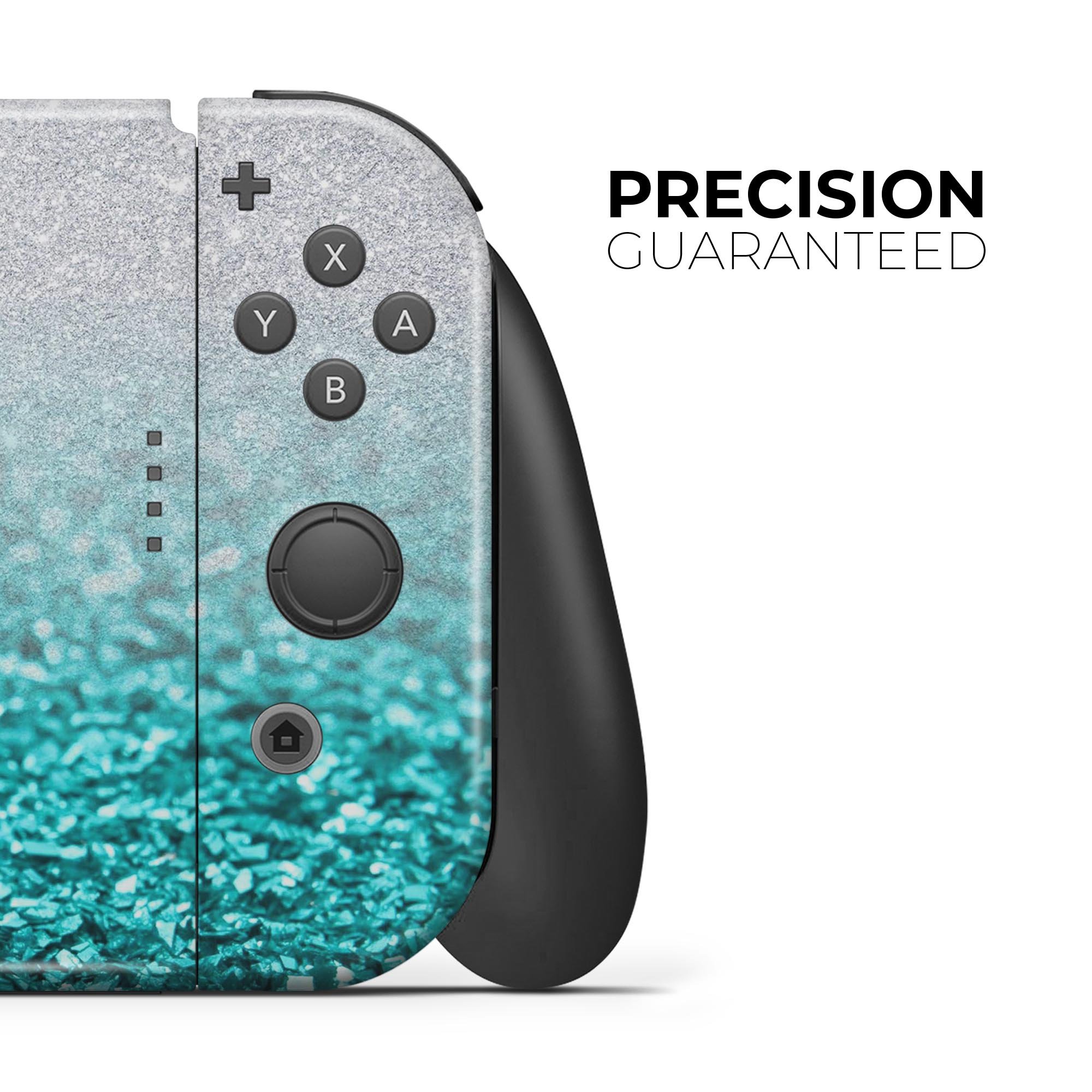 Aqua Blue & Silver Glimmer Fade skin wrap kit for Nintendo Switch, showcasing a stylish design that fits the console and controllers perfectly.