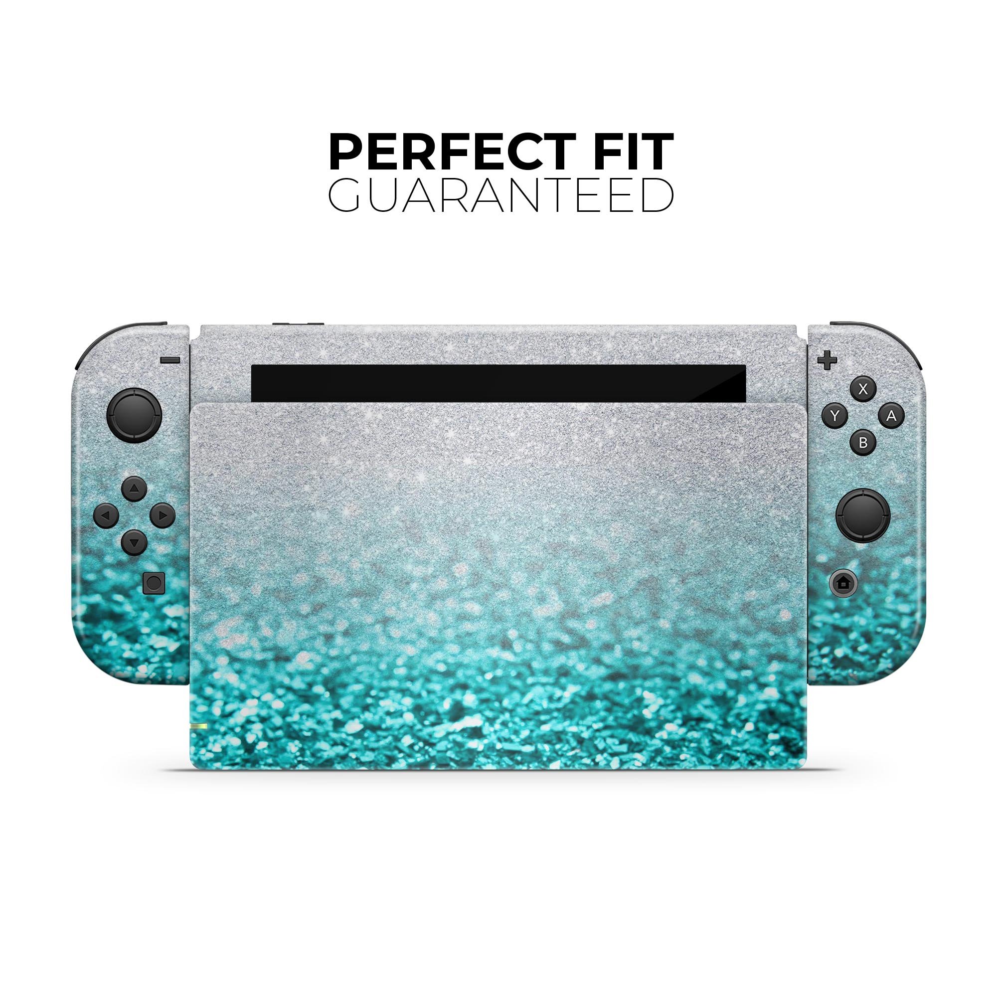 Aqua Blue & Silver Glimmer Fade skin wrap kit for Nintendo Switch, showcasing a stylish design that fits the console and controllers perfectly.