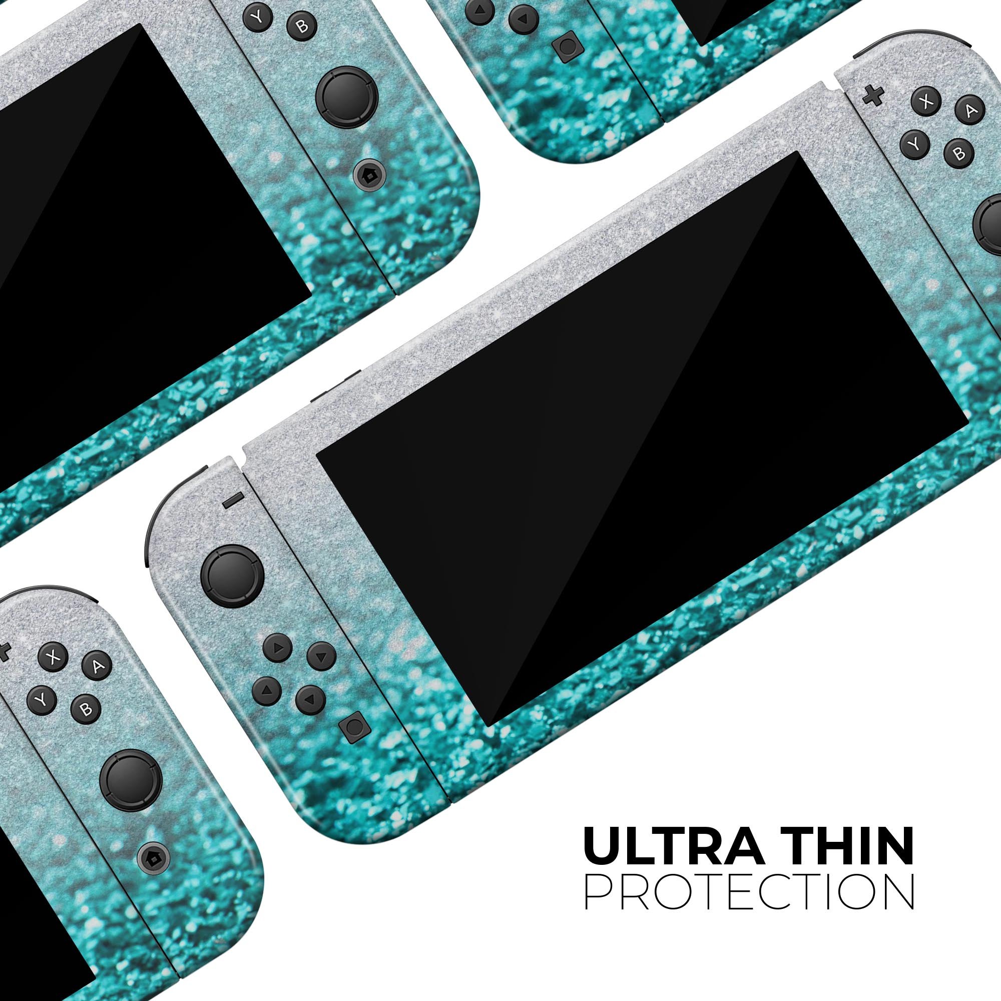 Aqua Blue & Silver Glimmer Fade skin wrap kit for Nintendo Switch, showcasing a stylish design that fits the console and controllers perfectly.