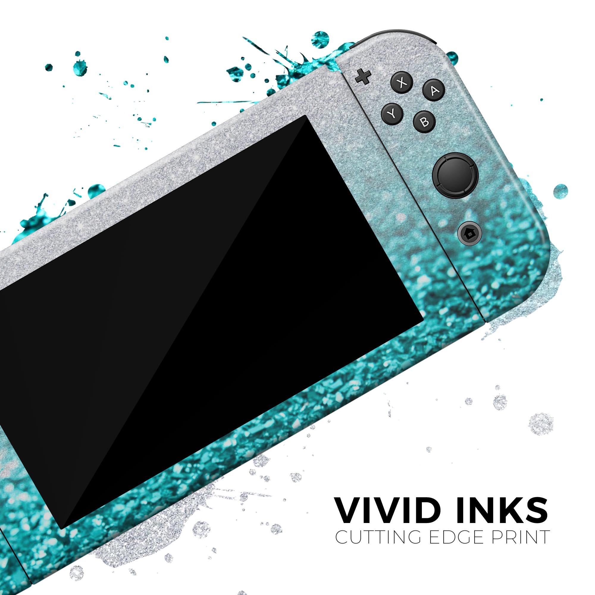 Aqua Blue & Silver Glimmer Fade skin wrap kit for Nintendo Switch, showcasing a stylish design that fits the console and controllers perfectly.