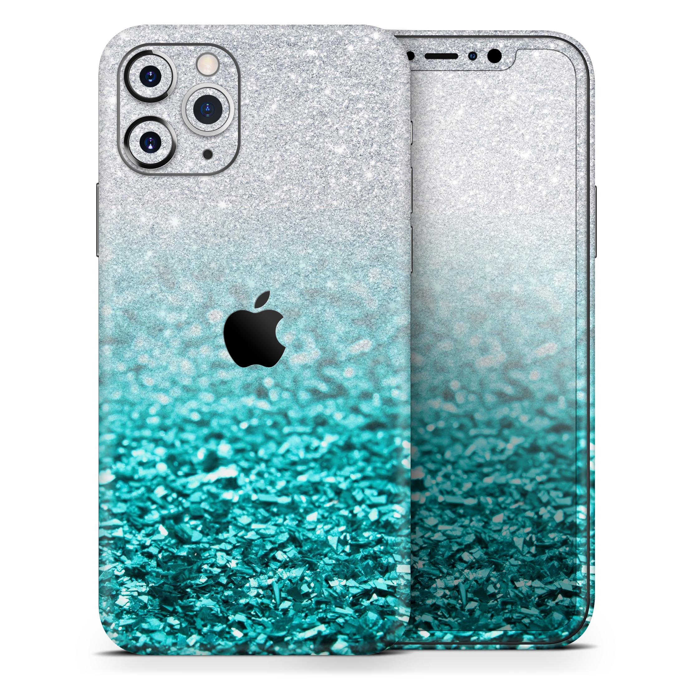 Aqua Blue & Silver Glimmer Fade Skin-Kit for Apple iPhone, showcasing vibrant colors and sleek design.