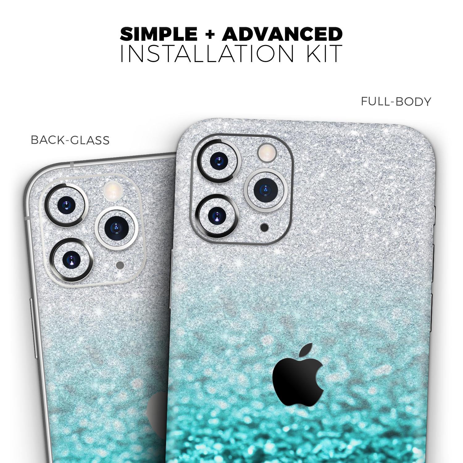 Aqua Blue & Silver Glimmer Fade Skin-Kit for Apple iPhone, showcasing vibrant colors and sleek design.