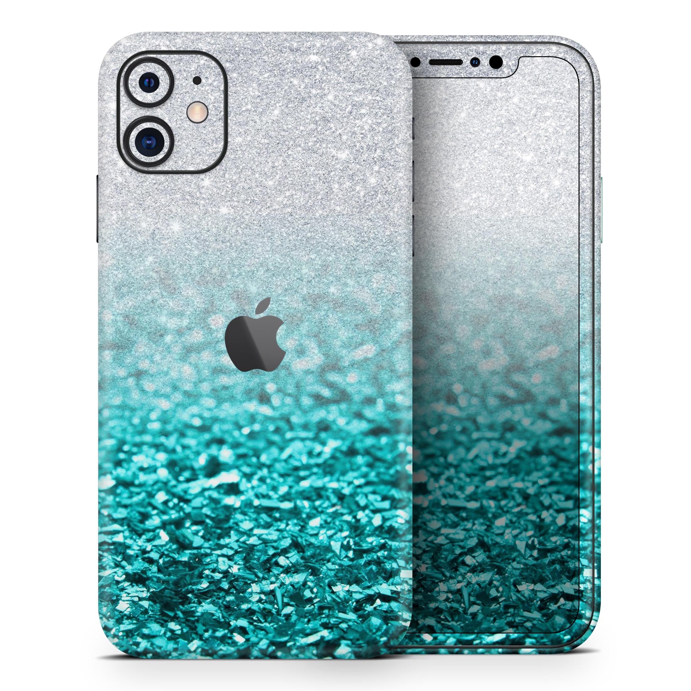 Aqua Blue & Silver Glimmer Fade Skin-Kit for Apple iPhone, showcasing vibrant colors and sleek design.