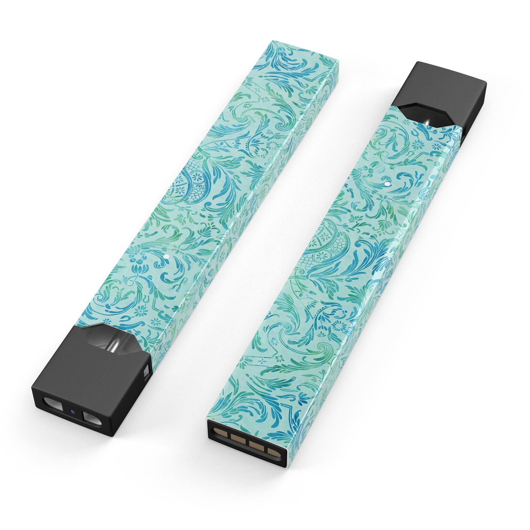 Aqua Damask v2 Watercolor Pattern skin-wrap for JUUL vaping device, showcasing vibrant colors and intricate design.