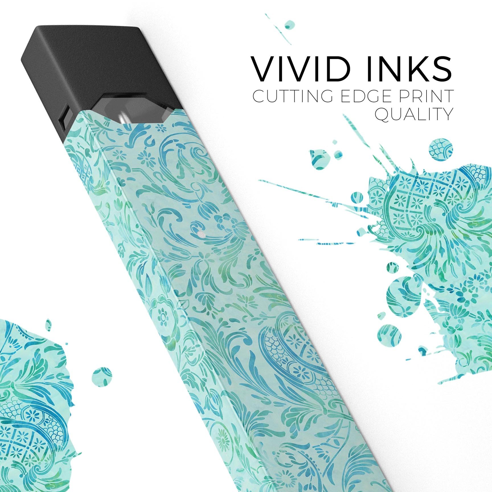 Aqua Damask v2 Watercolor Pattern skin-wrap for JUUL vaping device, showcasing vibrant colors and intricate design.