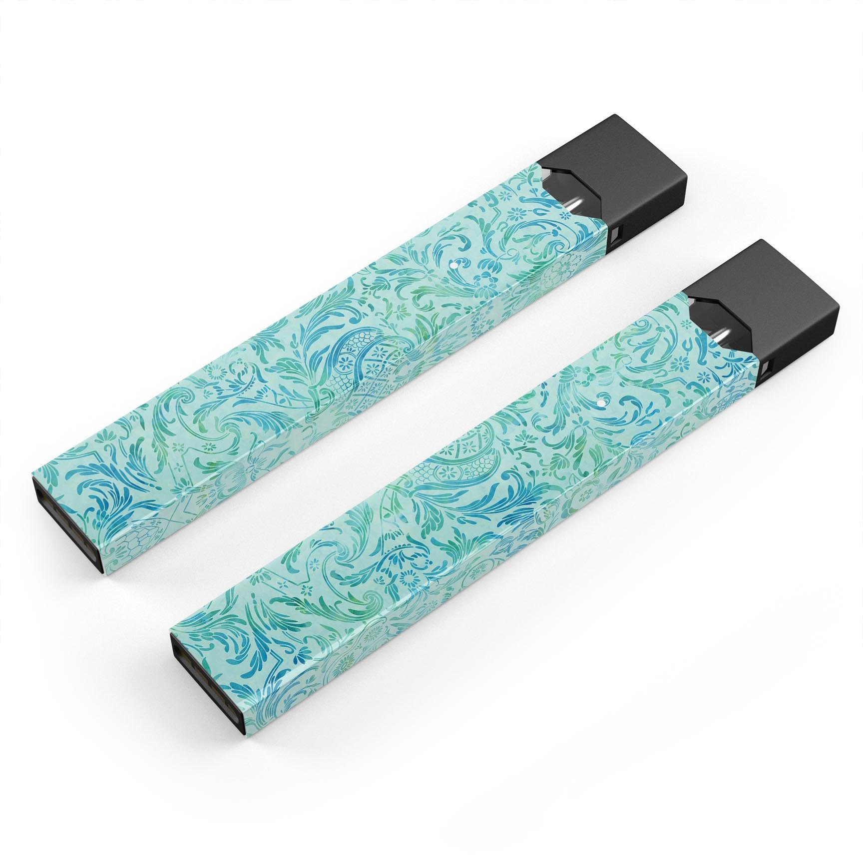 Aqua Damask v2 Watercolor Pattern skin-wrap for JUUL vaping device, showcasing vibrant colors and intricate design.