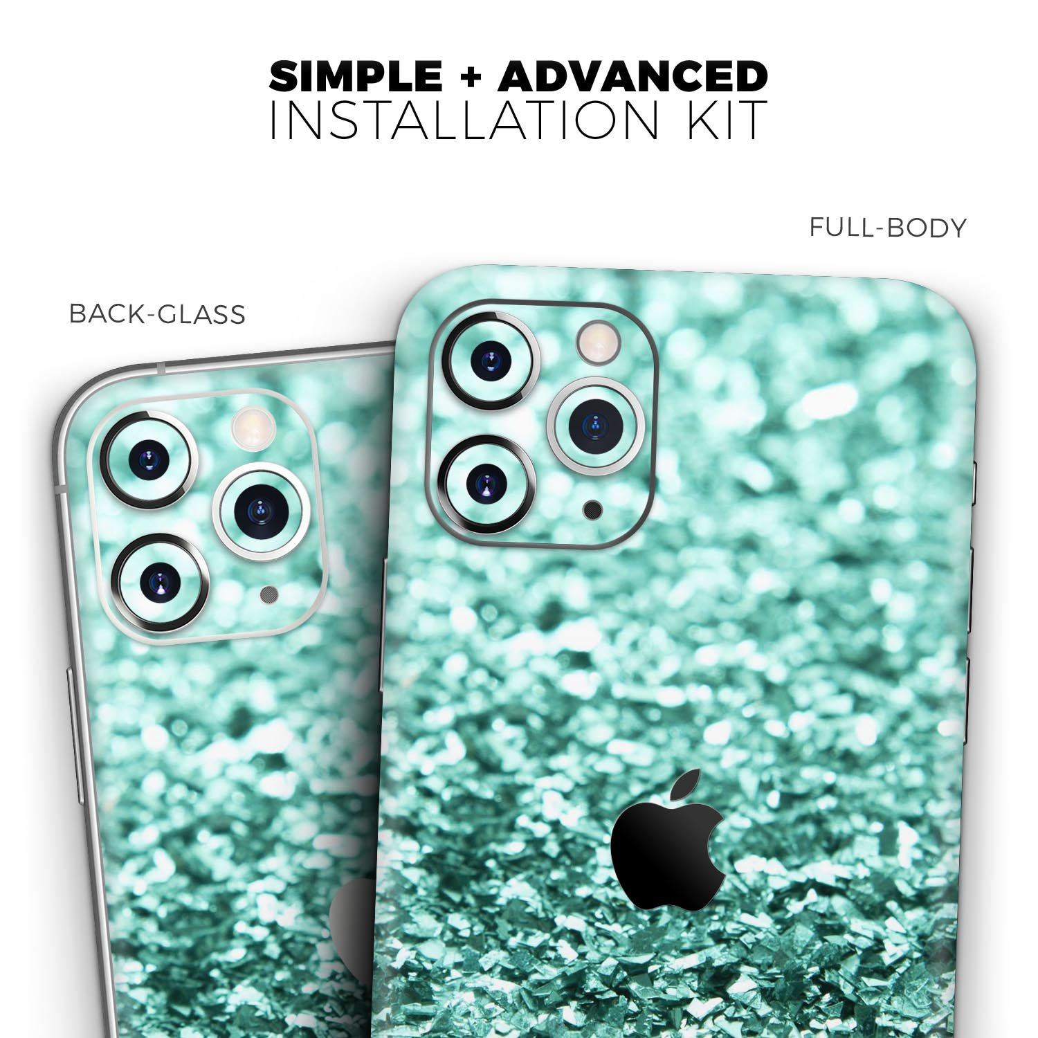 Aqua Green Glimmer Skin-Kit for Apple iPhone 13, showcasing vibrant color and sleek design.