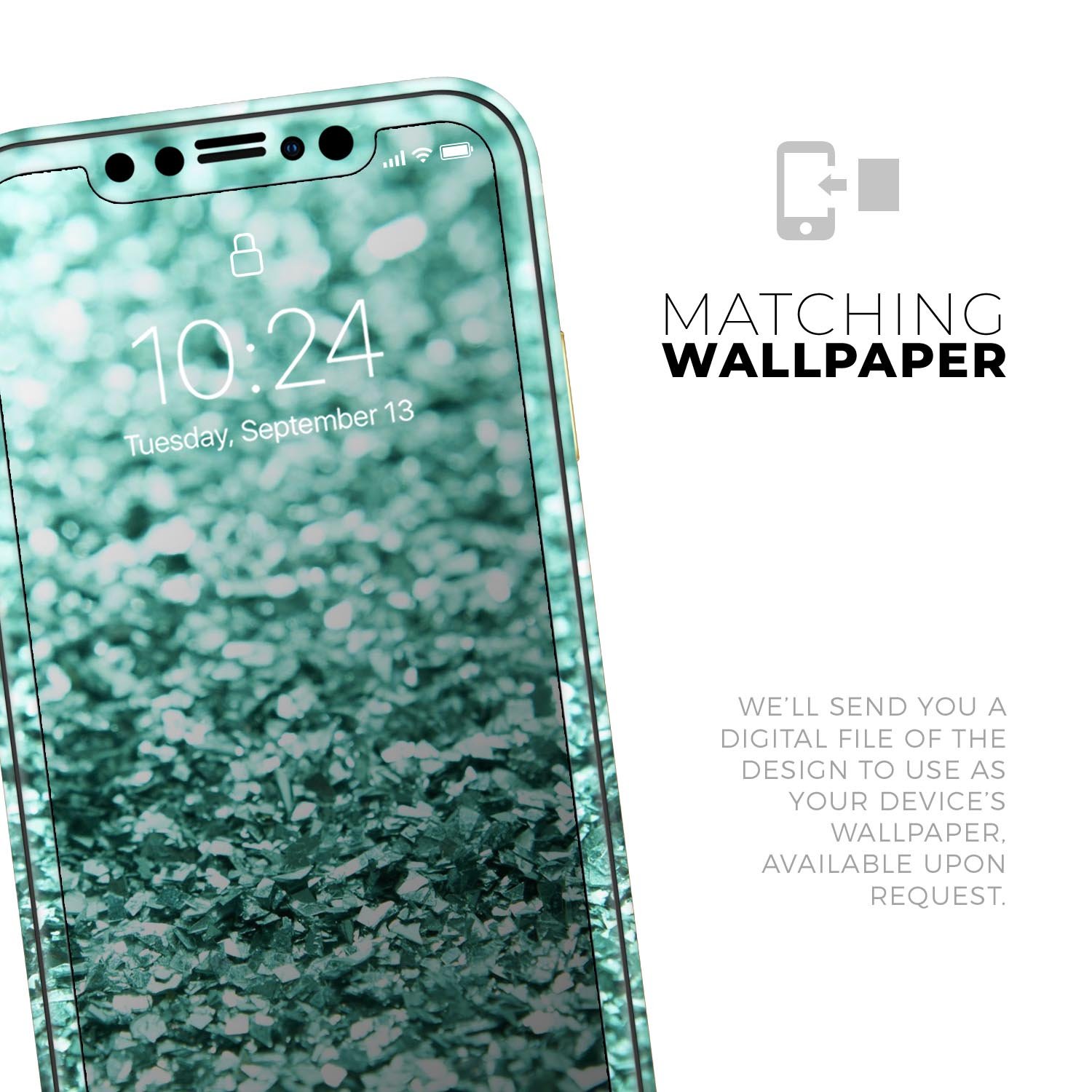 Aqua Green Glimmer Skin-Kit for Apple iPhone 13, showcasing vibrant color and sleek design.