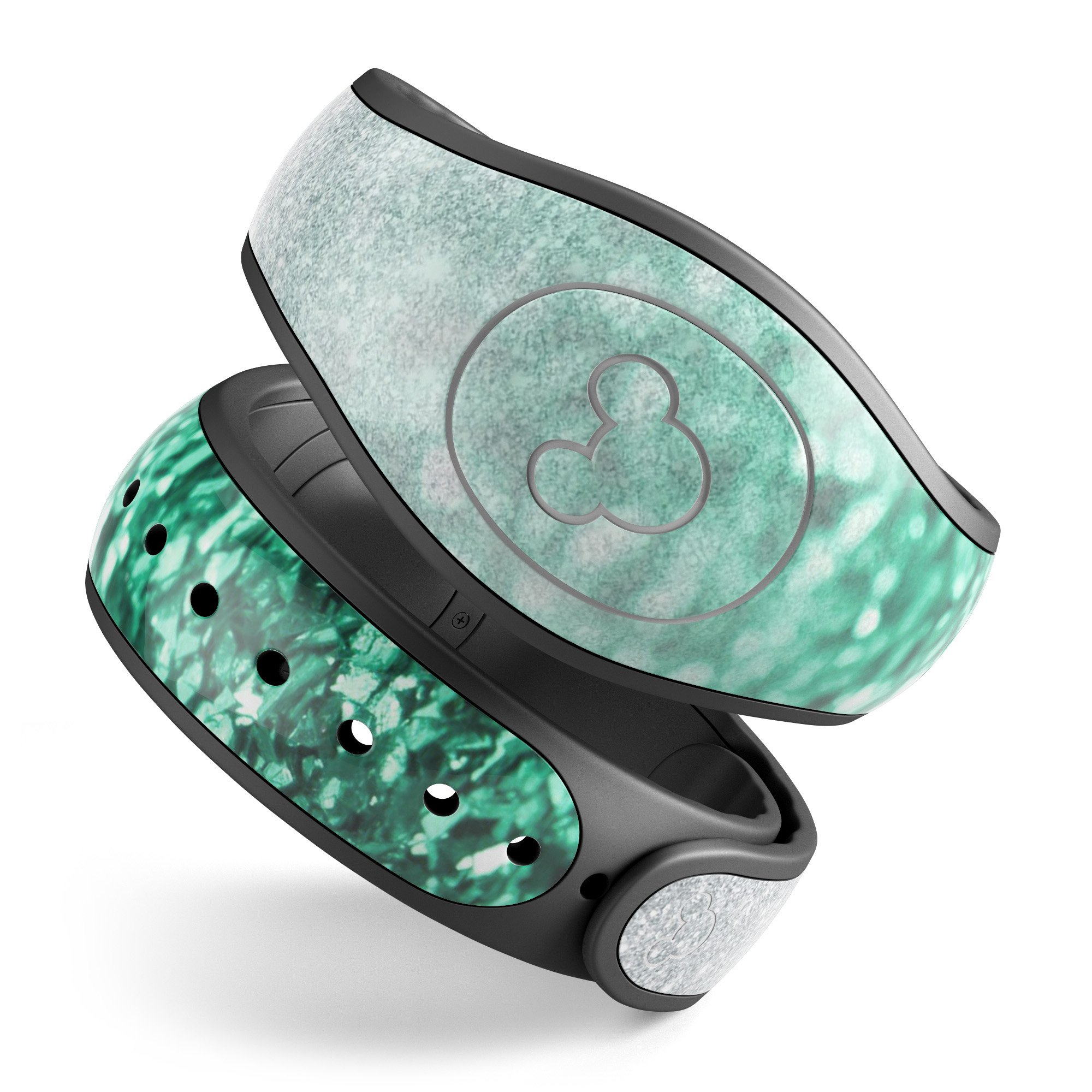 Aqua Green and Silver Glimmer Fade decal skin wrap kit for Disney Magic Band, showcasing vibrant colors and a stylish fade design.