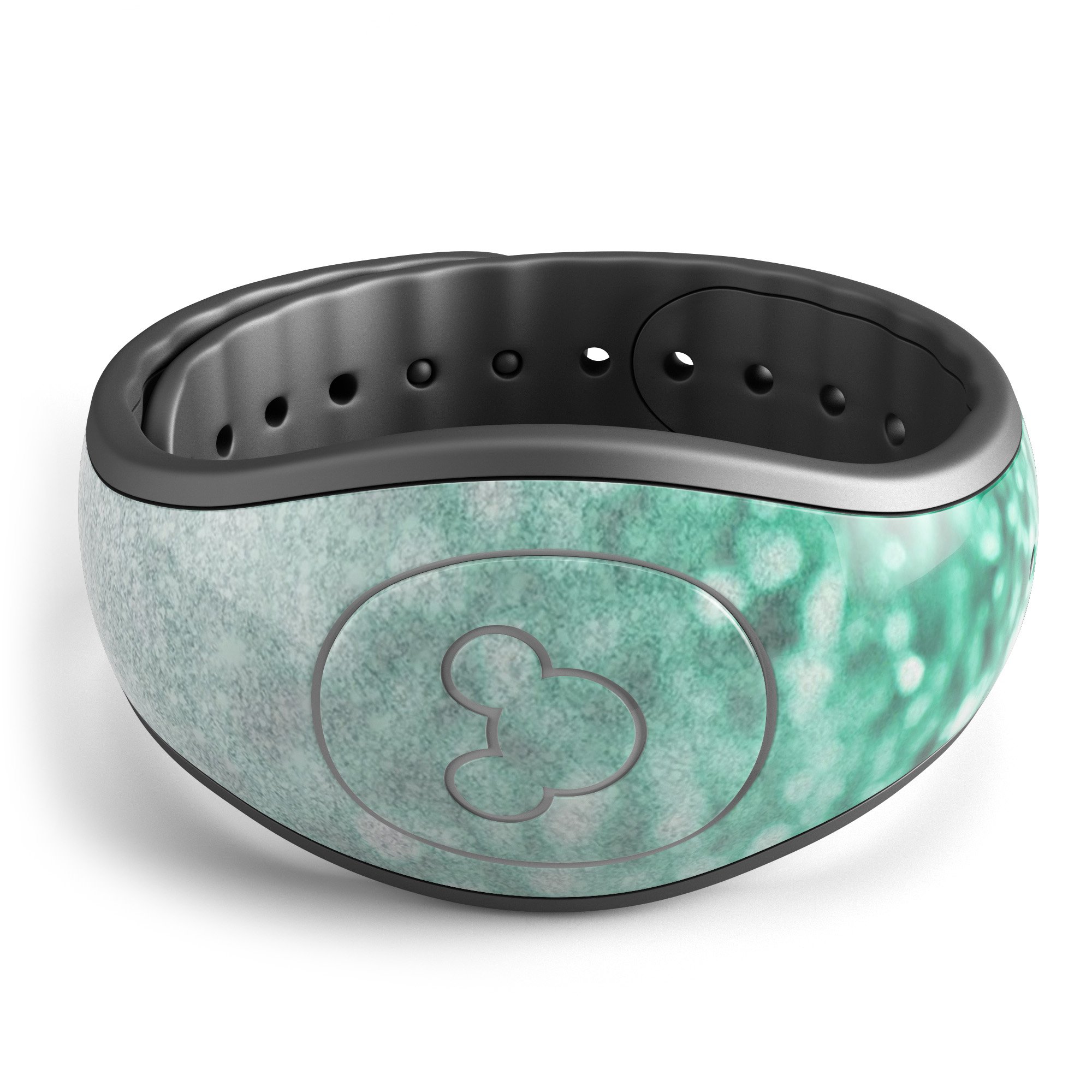 Aqua Green and Silver Glimmer Fade decal skin wrap kit for Disney Magic Band, showcasing vibrant colors and a stylish fade design.