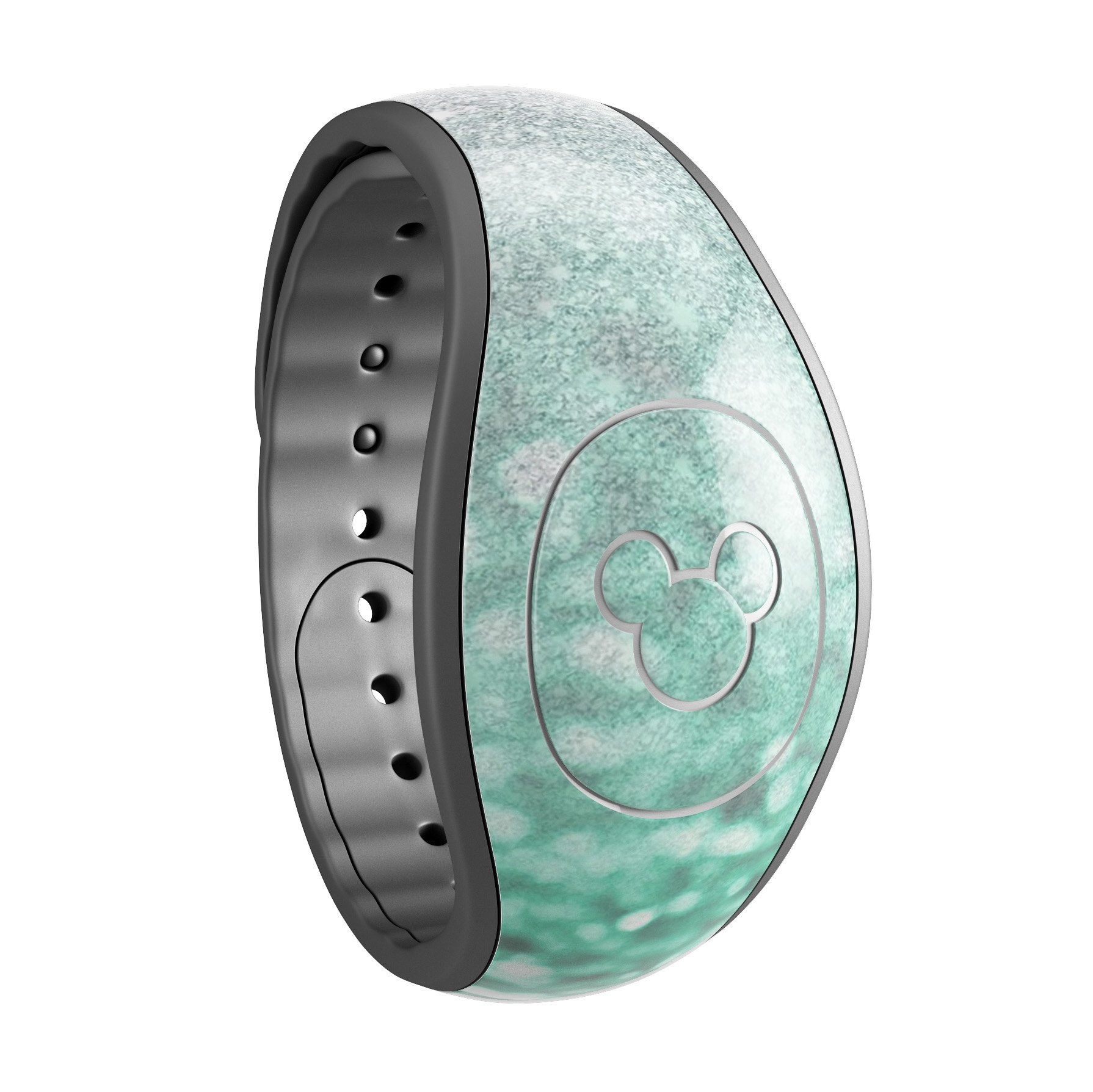 Aqua Green and Silver Glimmer Fade decal skin wrap kit for Disney Magic Band, showcasing vibrant colors and a stylish fade design.