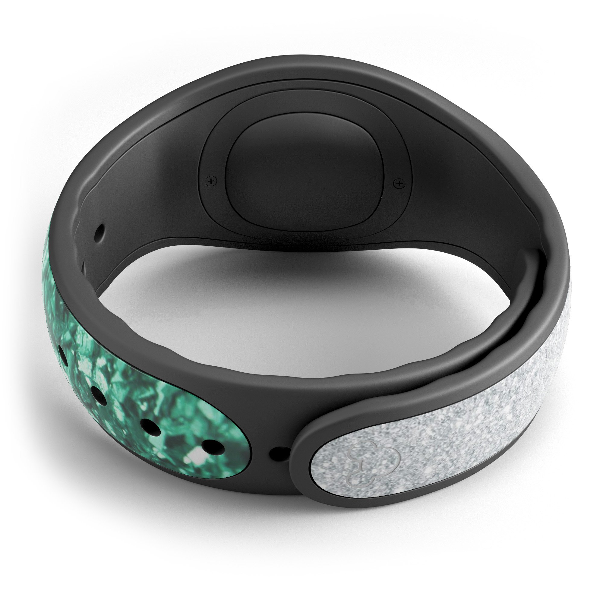 Aqua Green and Silver Glimmer Fade decal skin wrap kit for Disney Magic Band, showcasing vibrant colors and a stylish fade design.