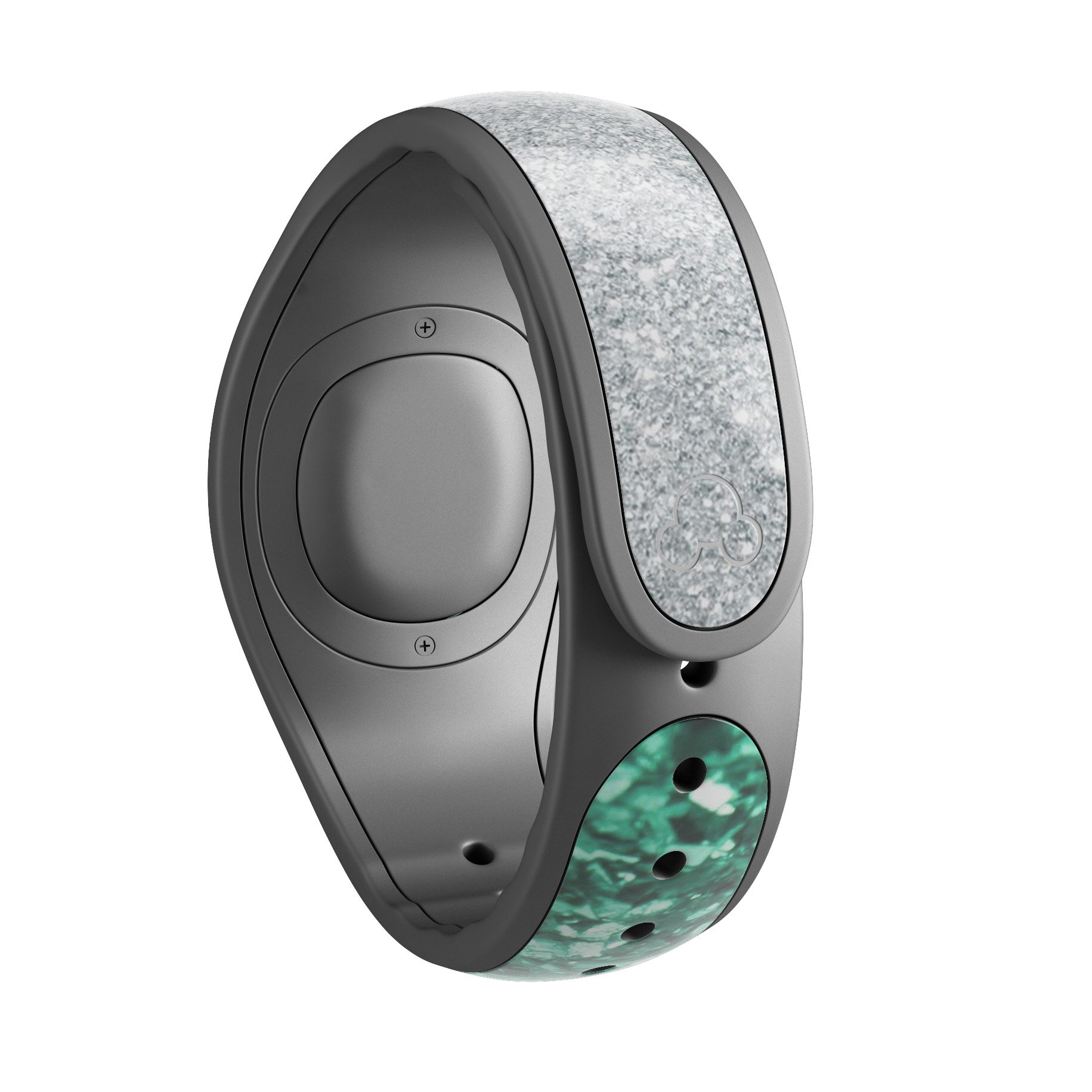 Aqua Green and Silver Glimmer Fade decal skin wrap kit for Disney Magic Band, showcasing vibrant colors and a stylish fade design.