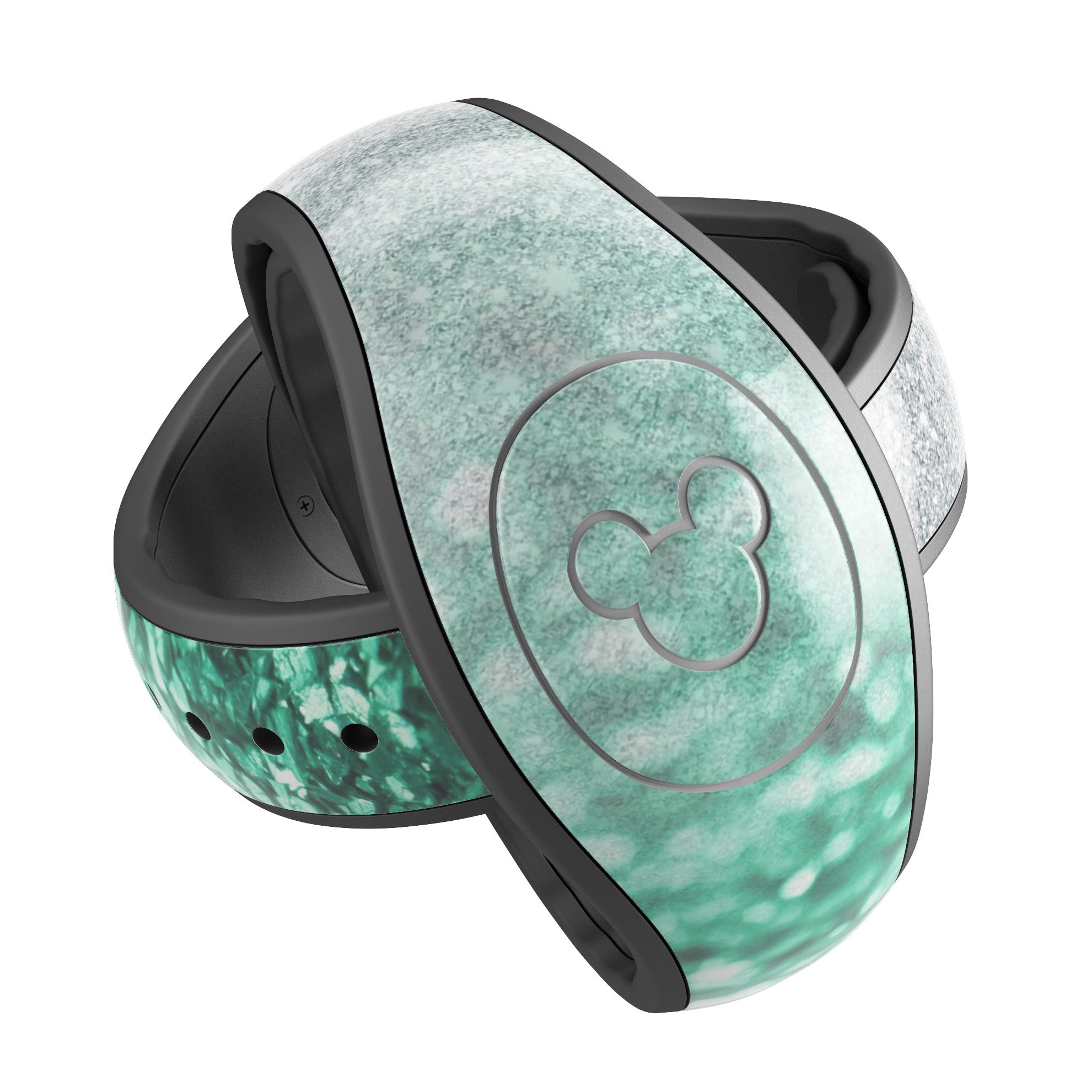 Aqua Green and Silver Glimmer Fade decal skin wrap kit for Disney Magic Band, showcasing vibrant colors and a stylish fade design.