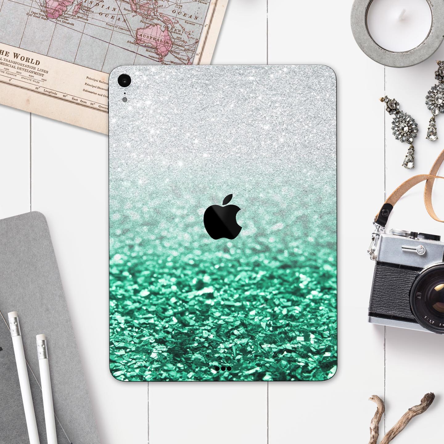 Aqua Green & Silver Glimmer Fade skin decal for Apple devices, showcasing a stylish design with premium 3M materials.