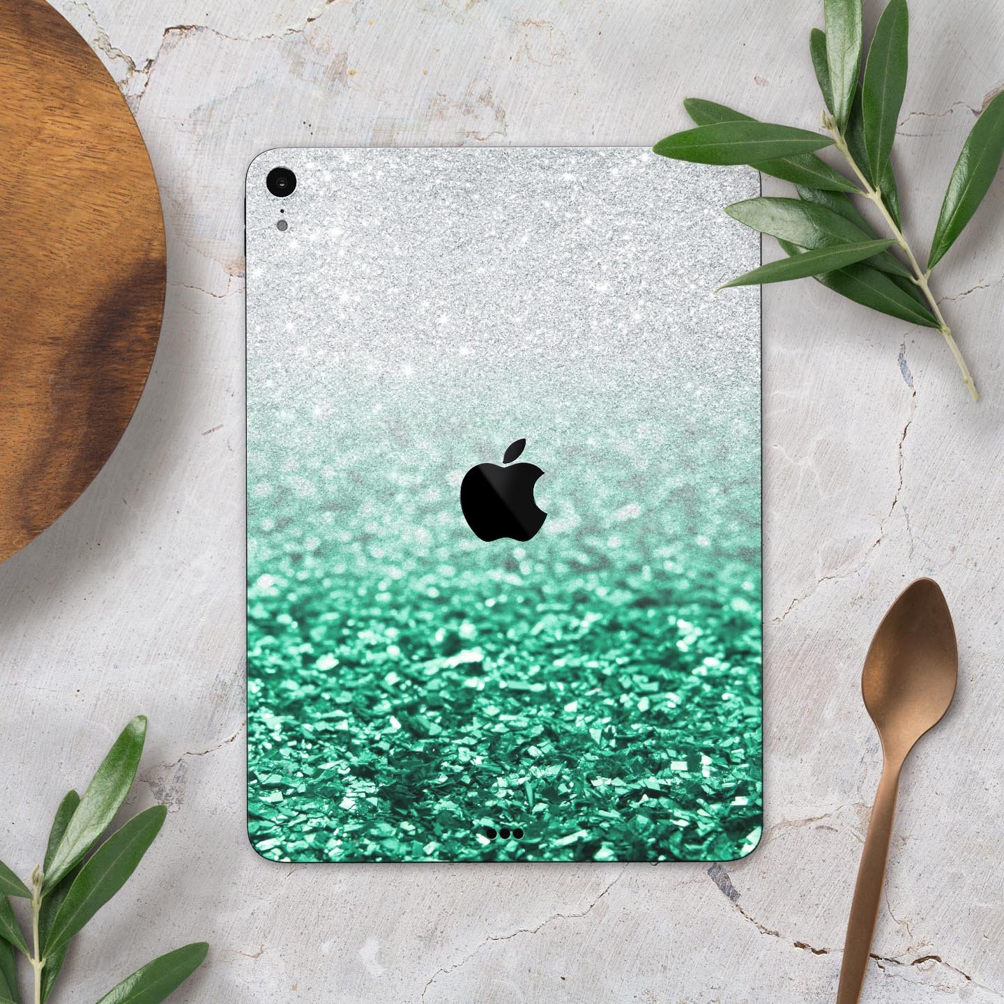 Aqua Green & Silver Glimmer Fade skin decal for Apple devices, showcasing a stylish design with premium 3M materials.