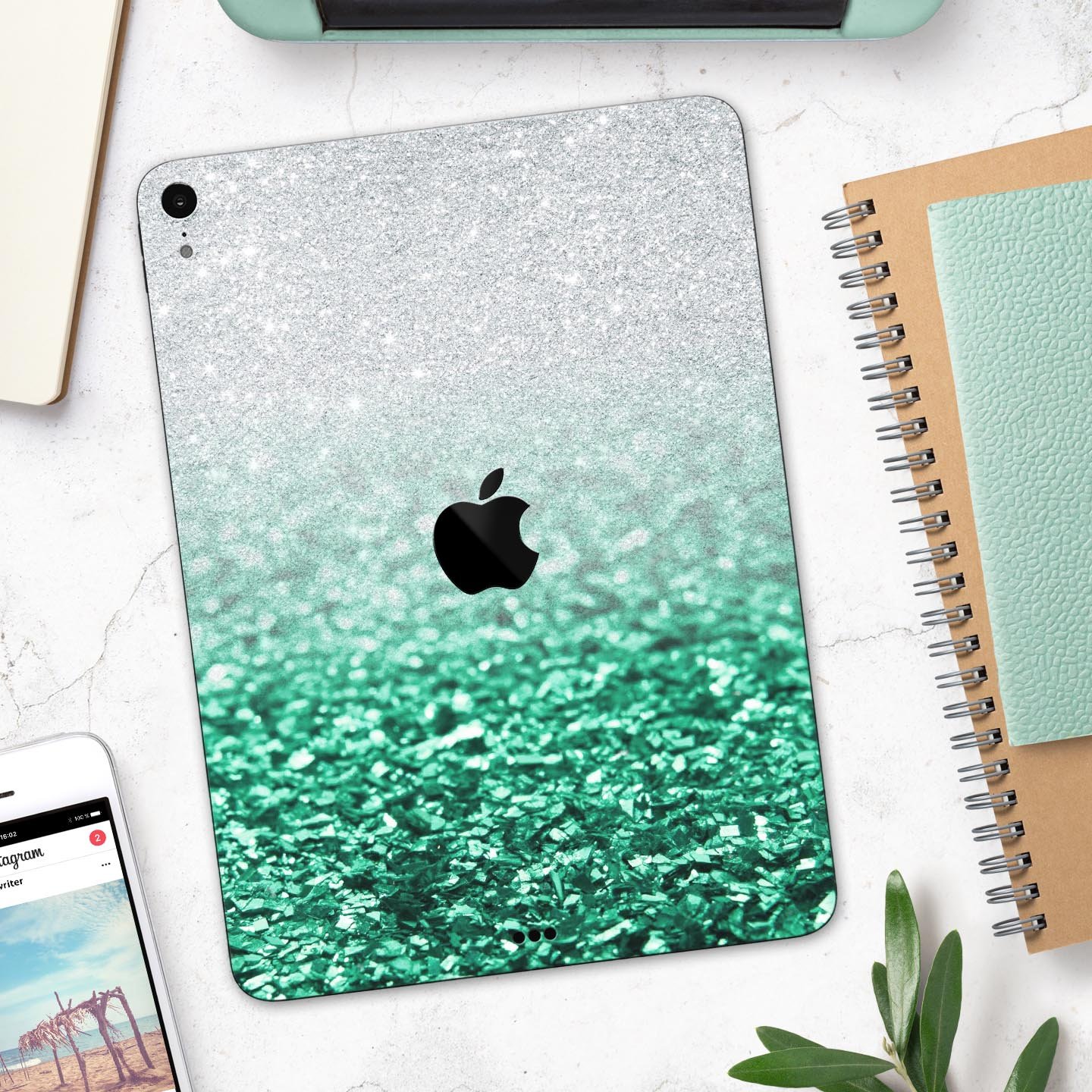 Aqua Green & Silver Glimmer Fade skin decal for Apple devices, showcasing a stylish design with premium 3M materials.