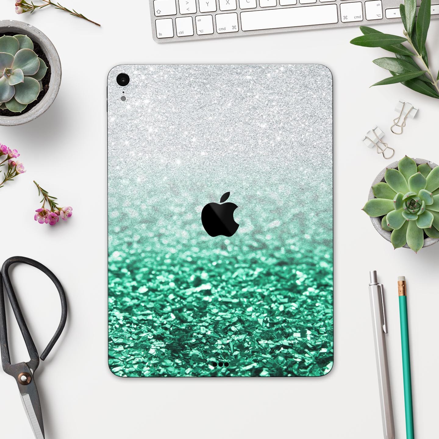 Aqua Green & Silver Glimmer Fade skin decal for Apple devices, showcasing a stylish design with premium 3M materials.