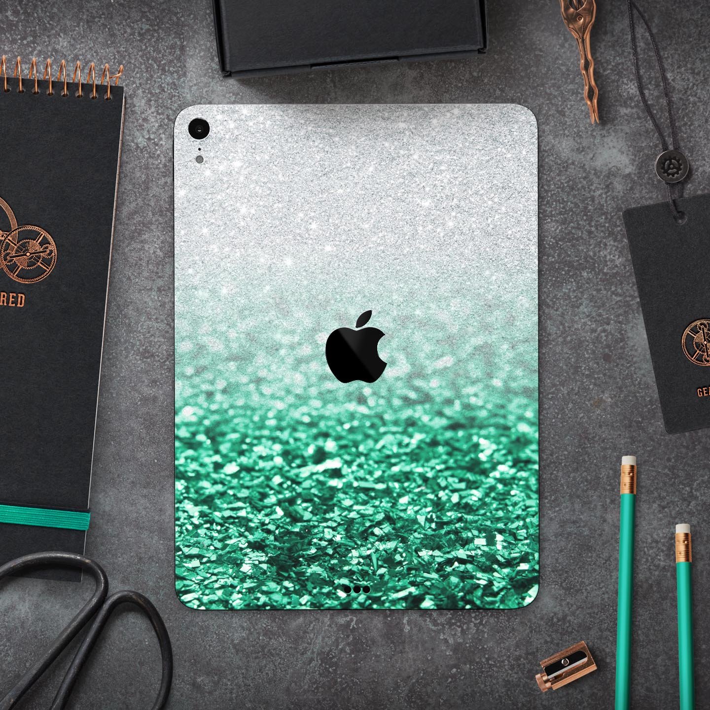 Aqua Green & Silver Glimmer Fade skin decal for Apple devices, showcasing a stylish design with premium 3M materials.