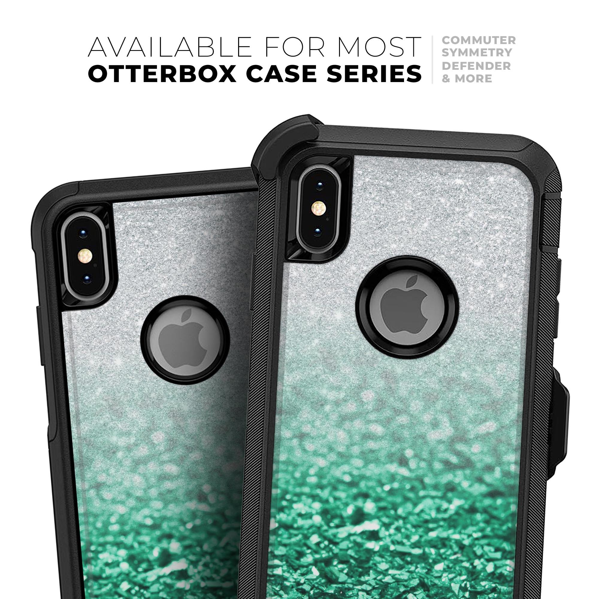 Aqua Green & Silver Glimmer Fade Skin Kit for iPhone OtterBox, showcasing vibrant colors and sleek design.